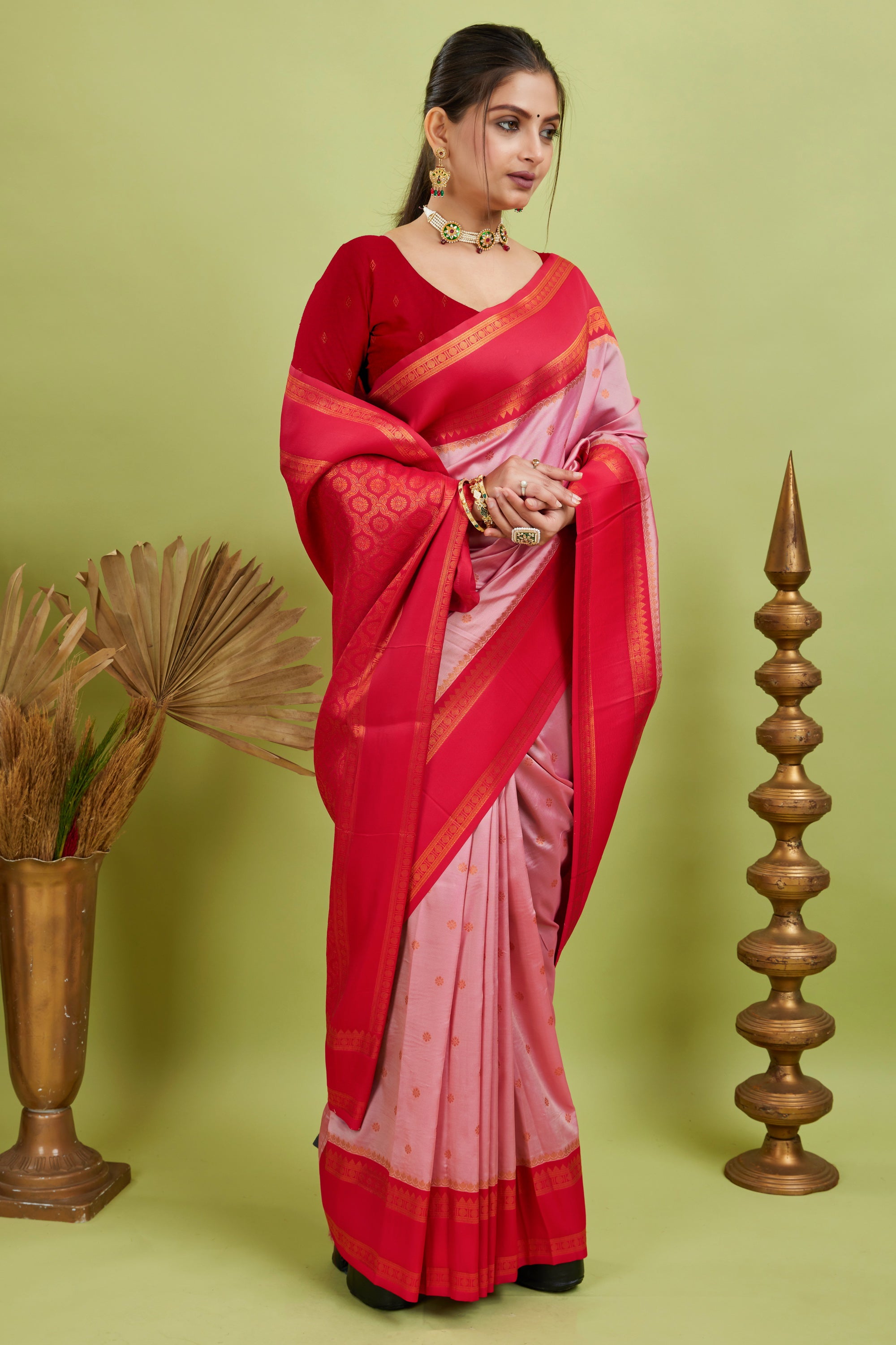 Baby Pink Narayan Border Silk Blend Saree