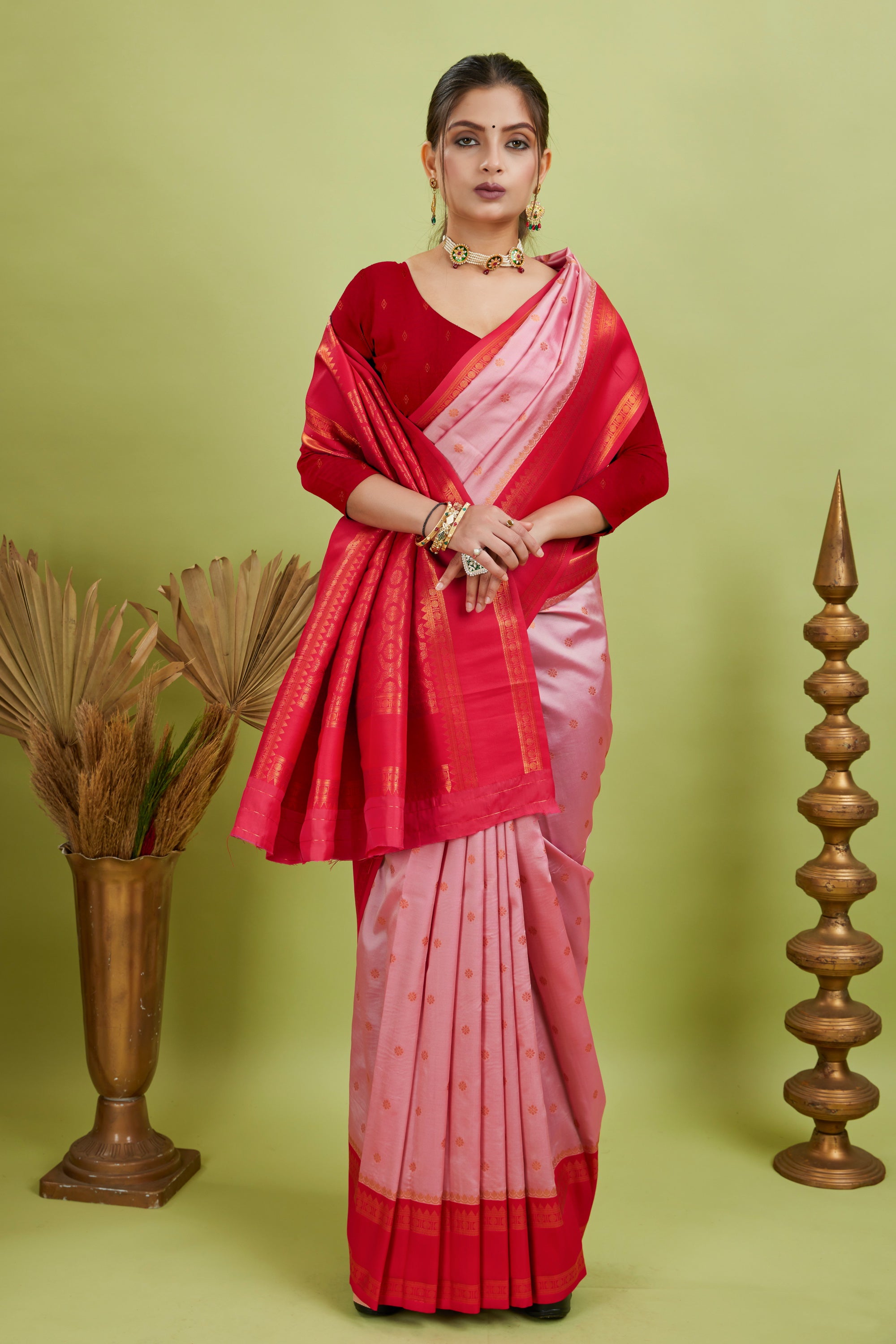Baby Pink Narayan Border Silk Blend Saree