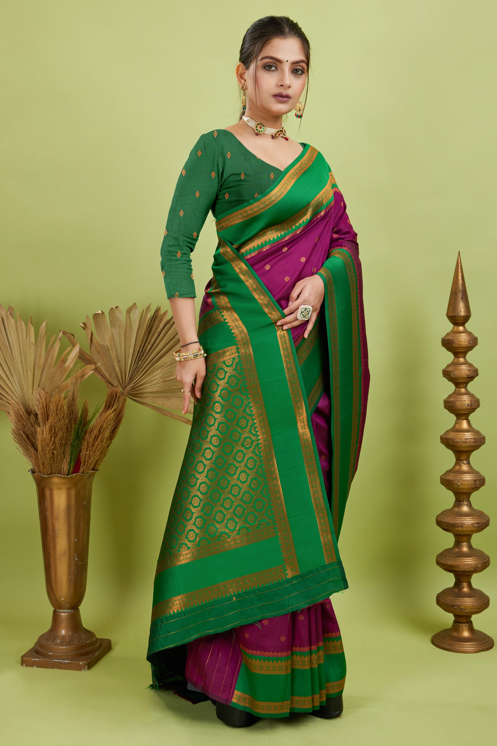 Dark Pink Narayan Border Silk Blend Saree