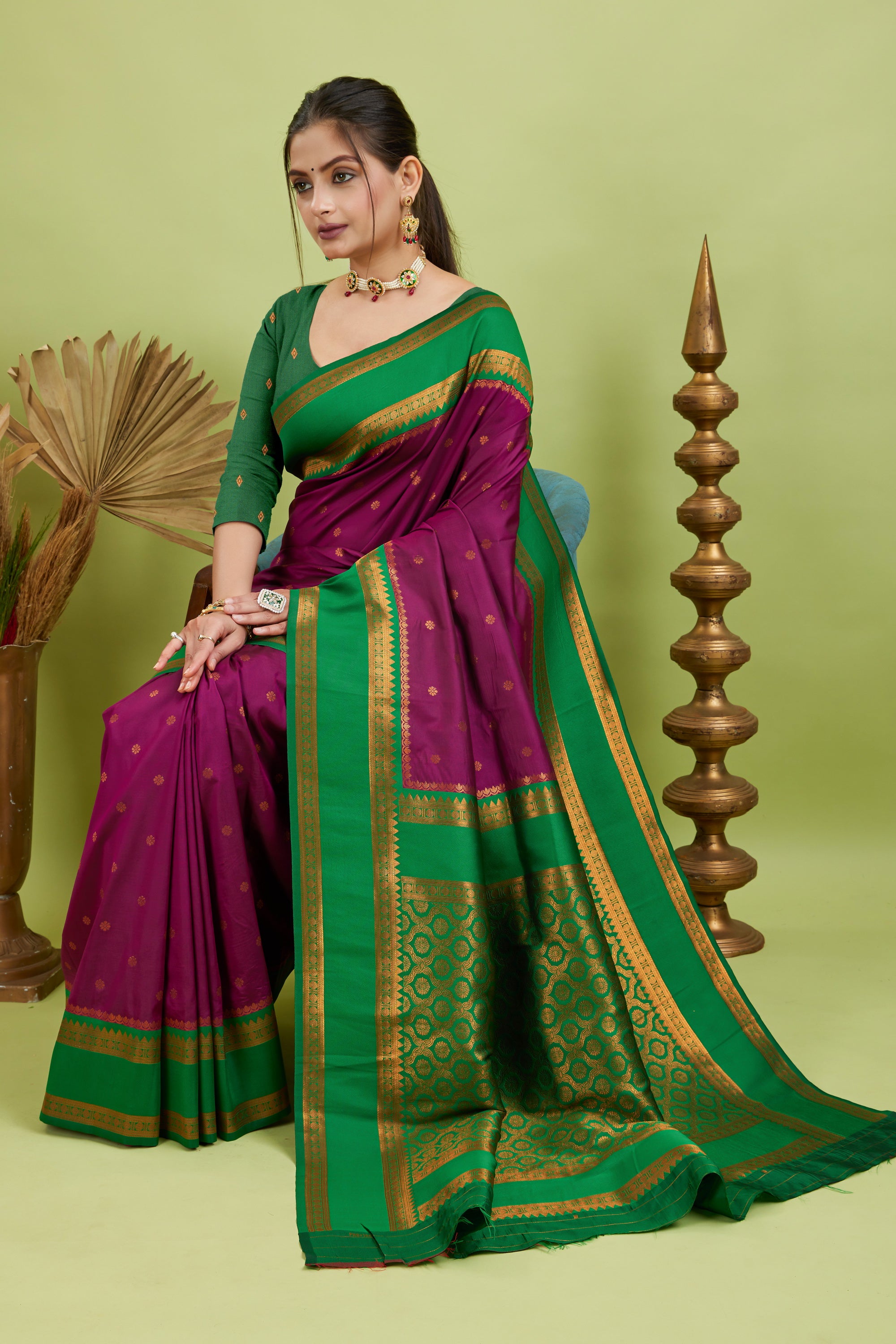 Dark Pink Narayan Border Silk Blend Saree