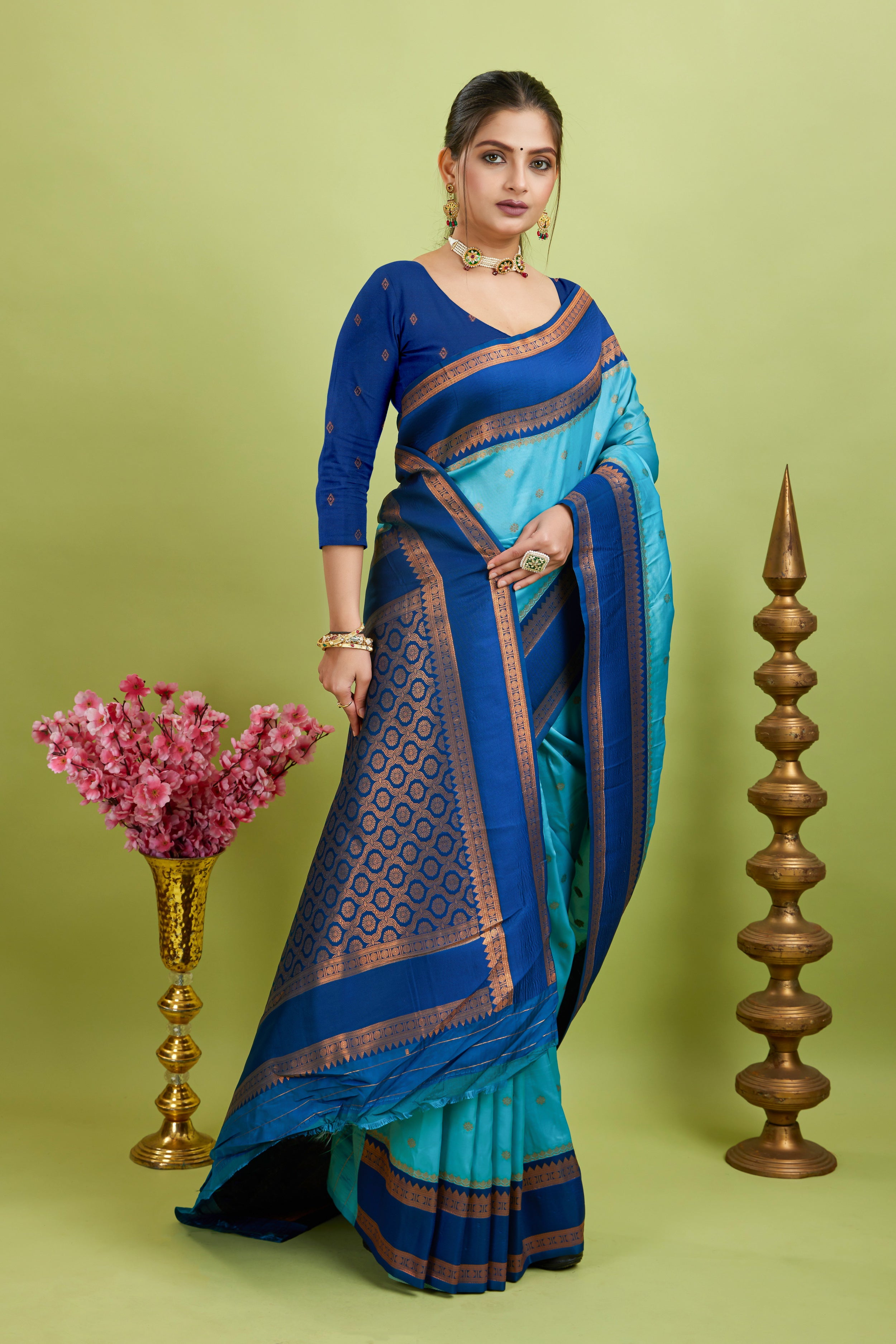 Light Blue Narayan Border Silk Blend Saree
