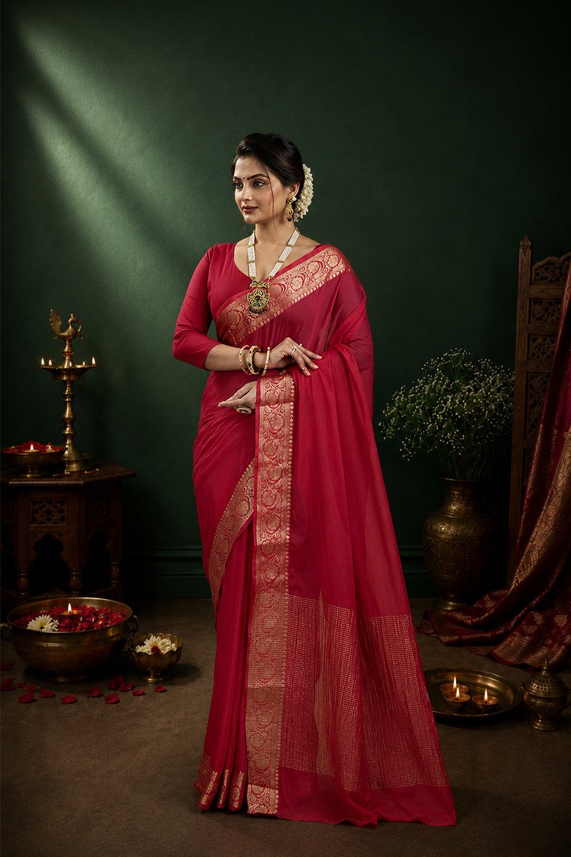 Red Woven Chinnon Silk Saree