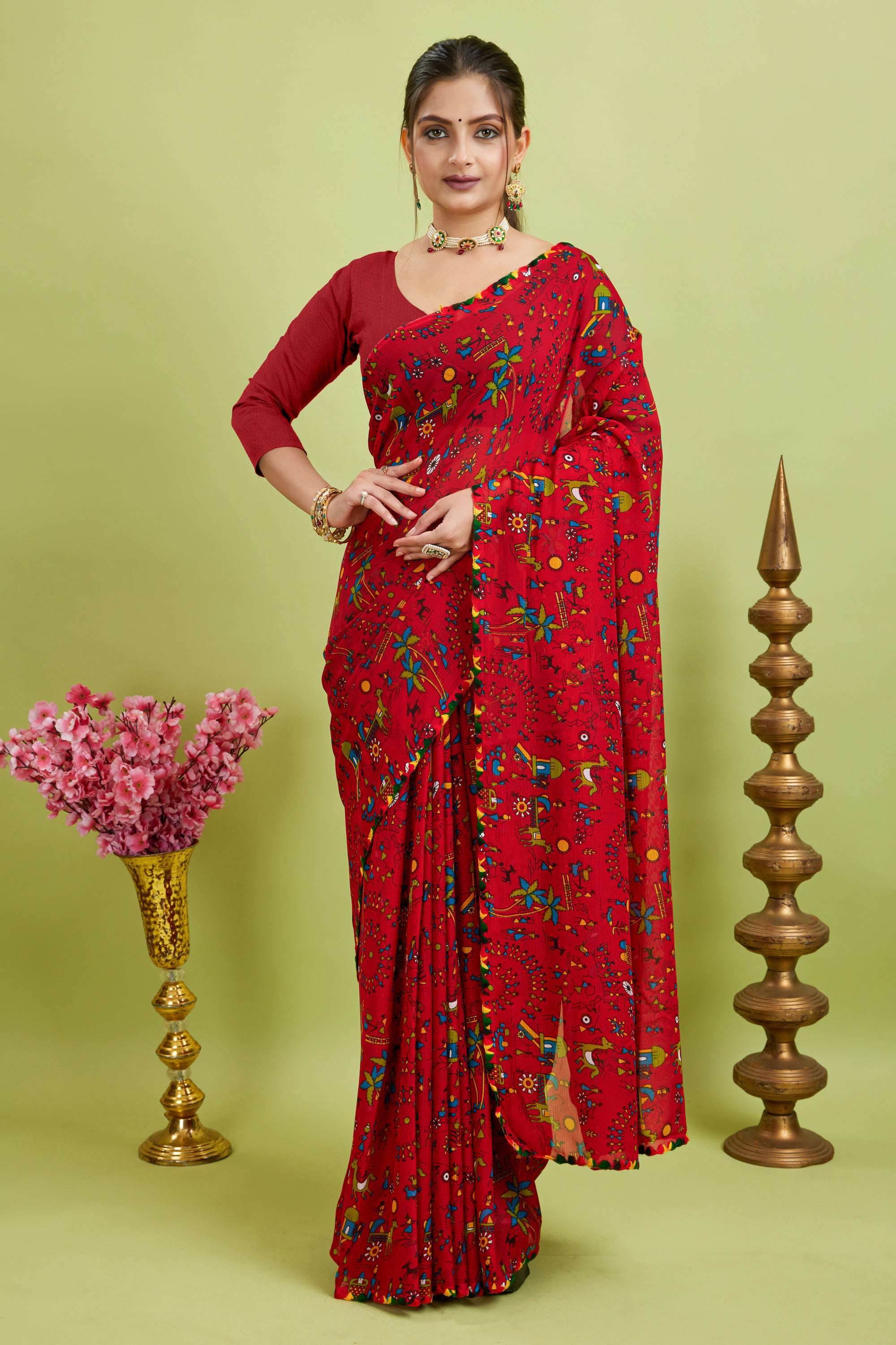 Red Floral Printed Georgette Saree