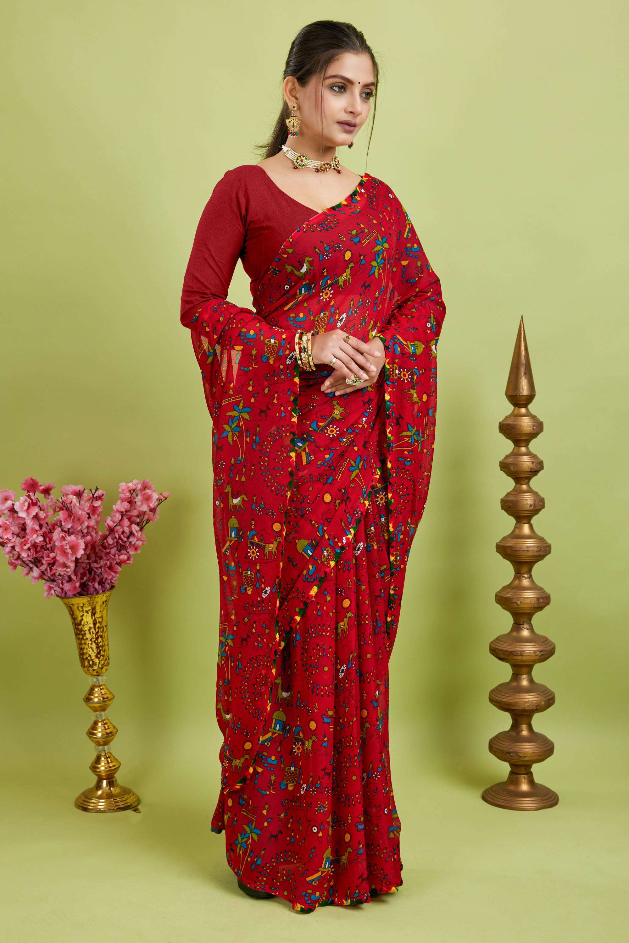 Red Floral Printed Georgette Saree