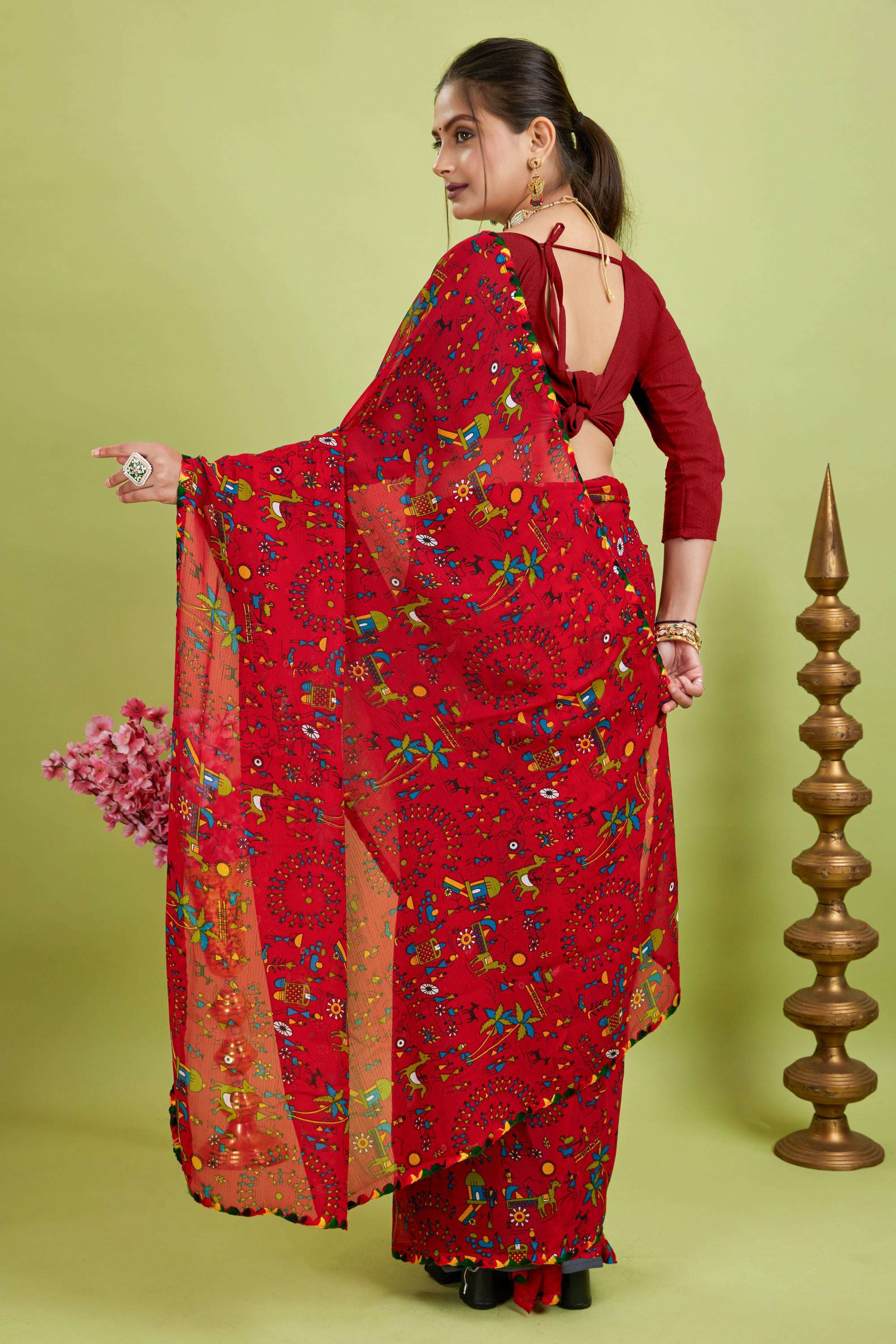 Red Floral Printed Georgette Saree