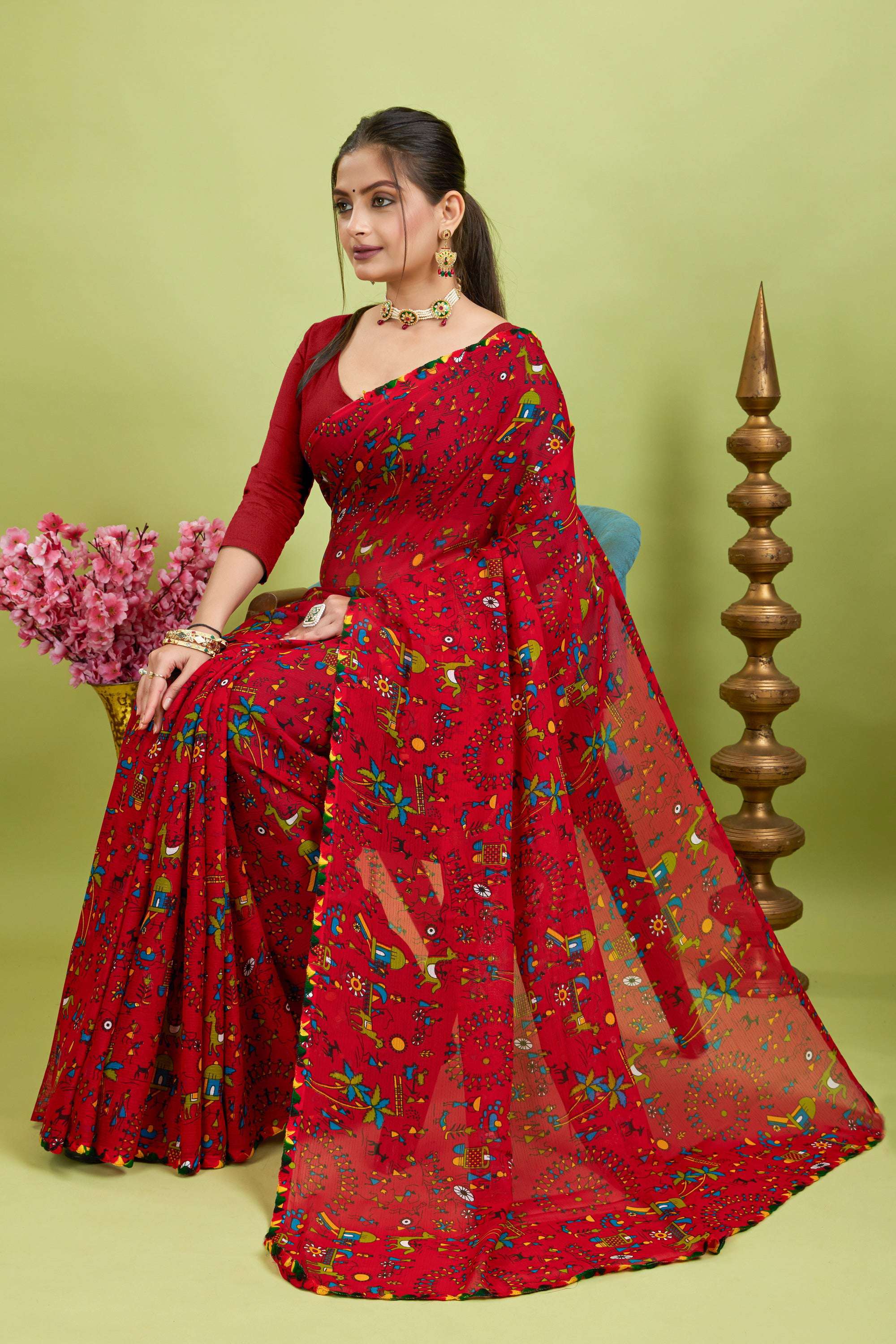 Red Floral Printed Georgette Saree