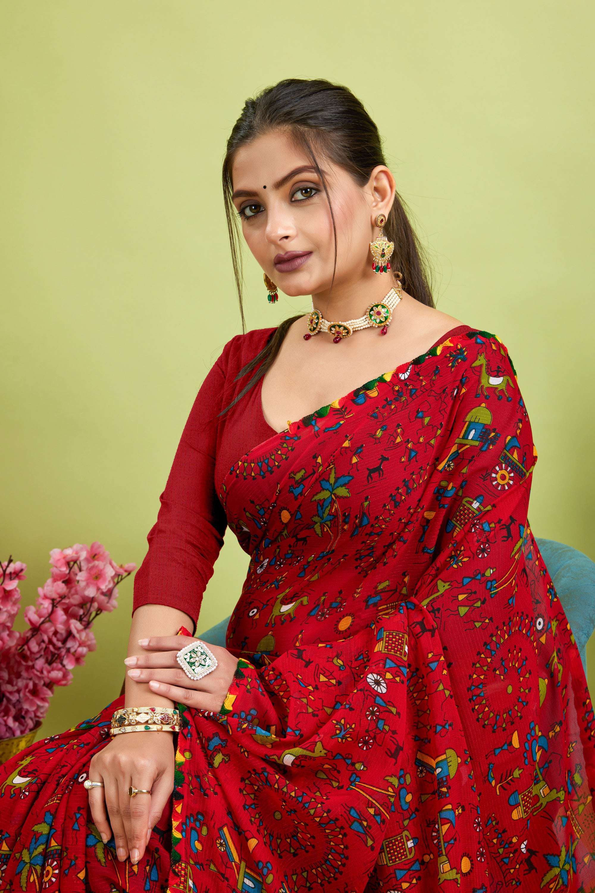 Red Floral Printed Georgette Saree