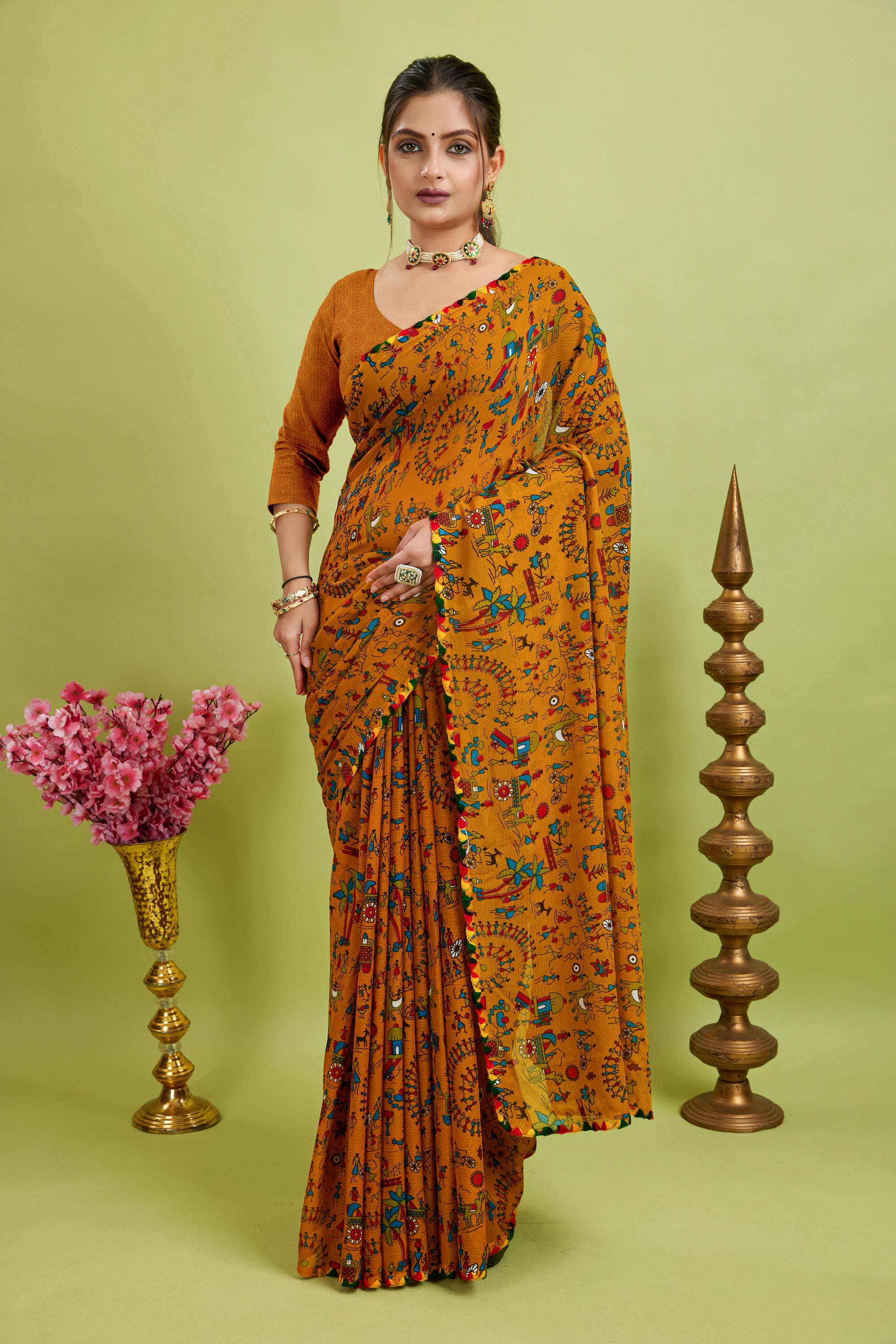 Yellow Floral Printed Georgette Saree