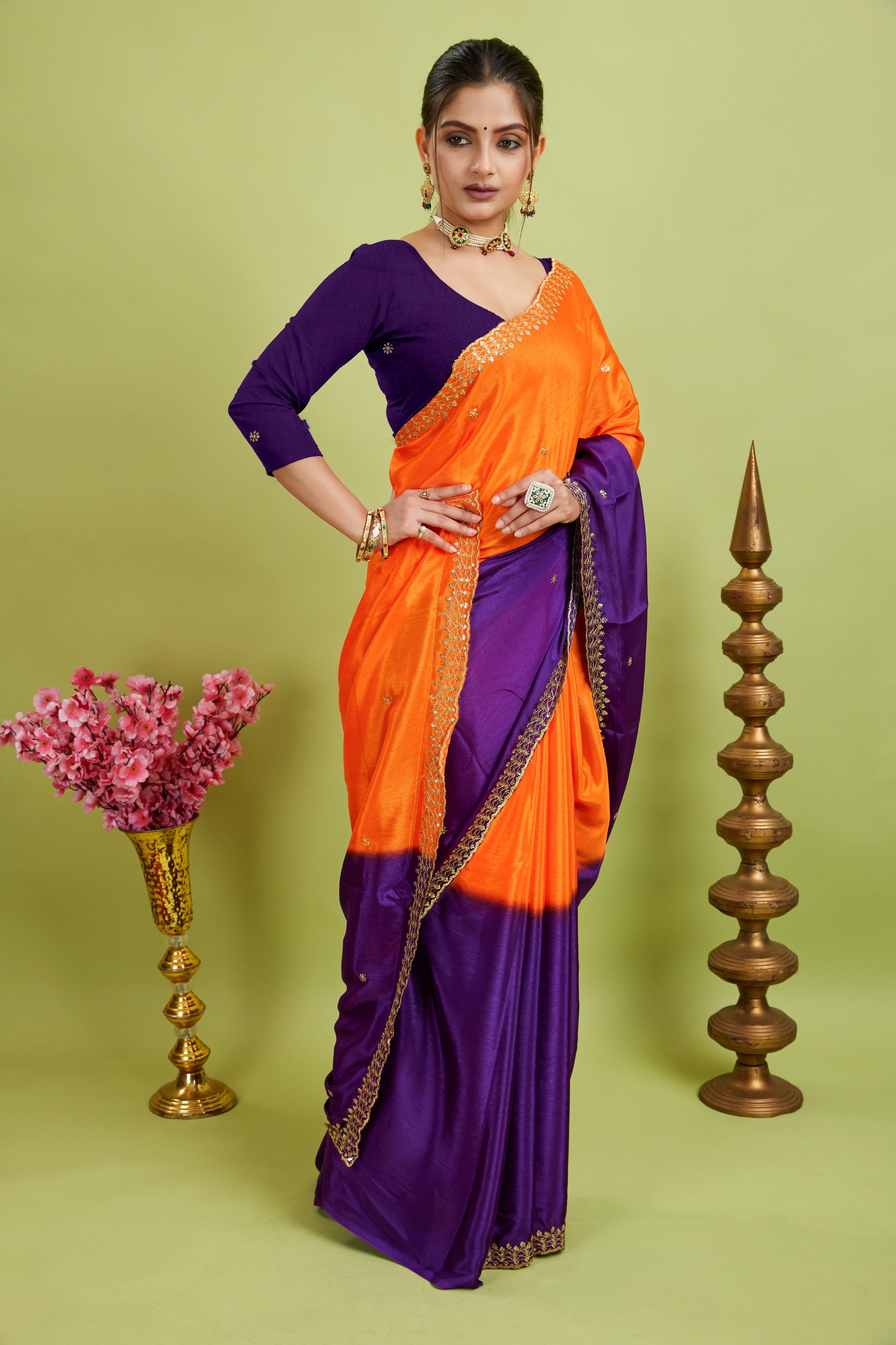 Purple Chinnon Fabric With Embroidery Silk Saree