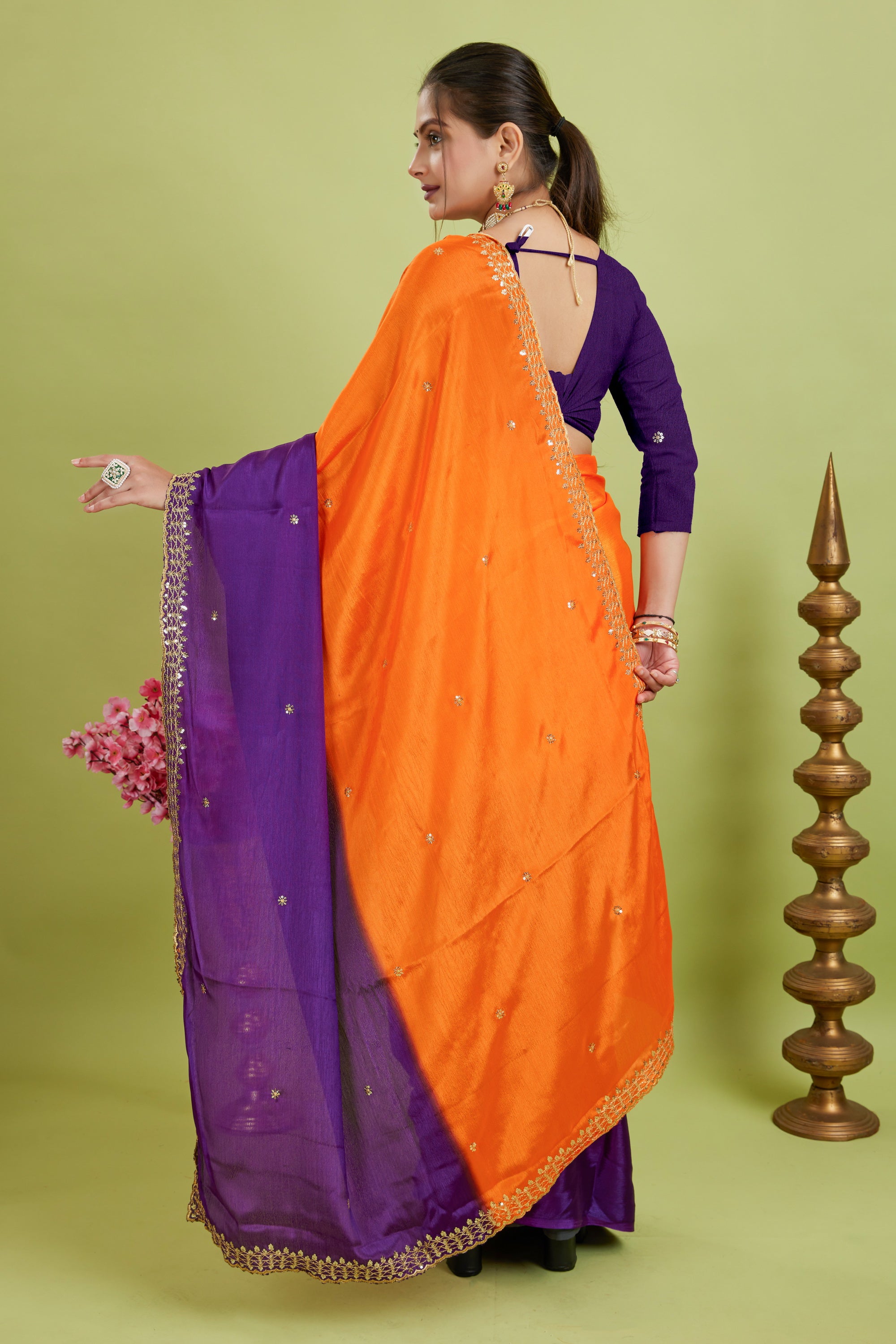 Purple Chinnon Fabric With Embroidery Silk Saree