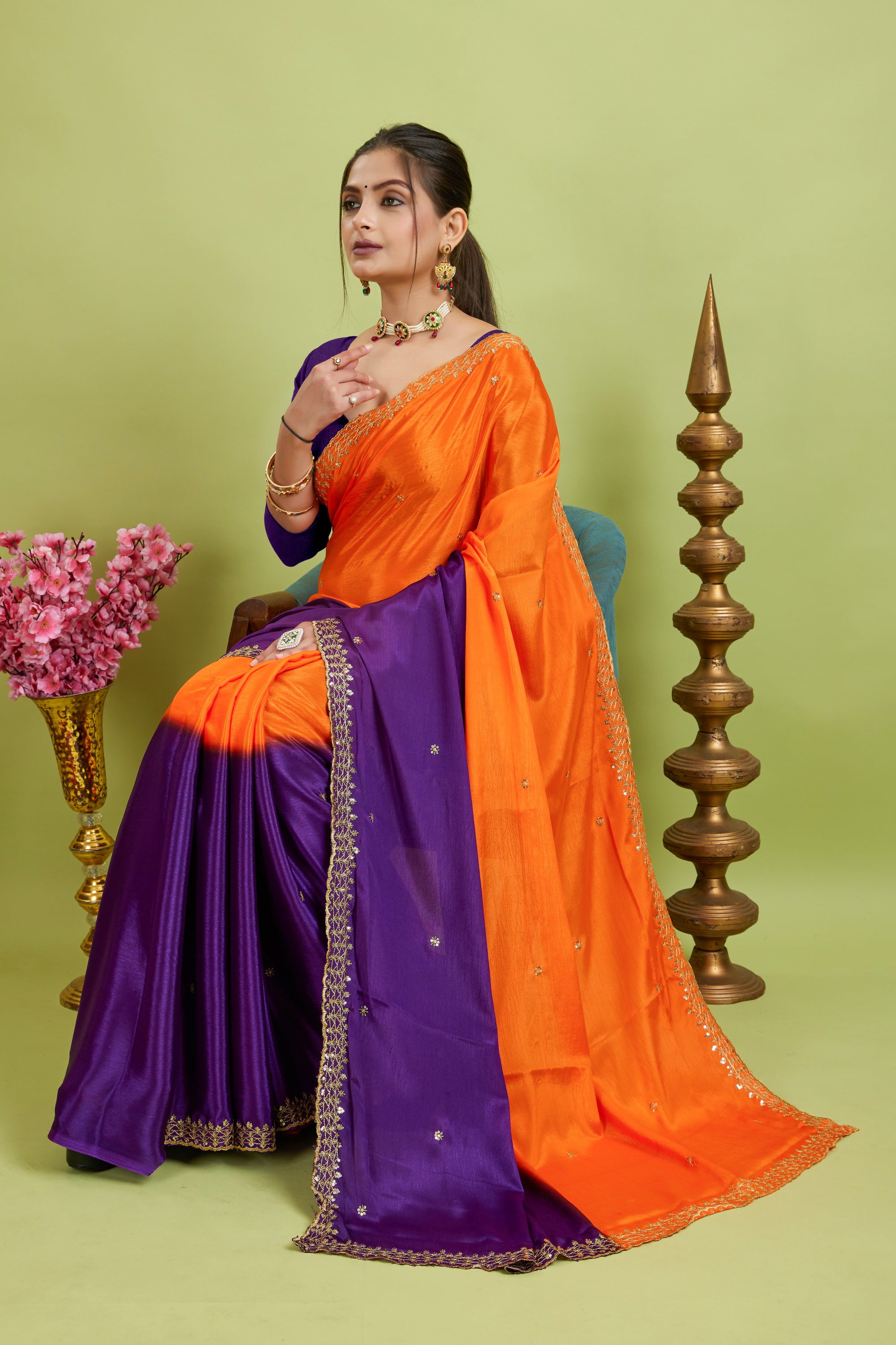 Purple Chinnon Fabric With Embroidery Silk Saree