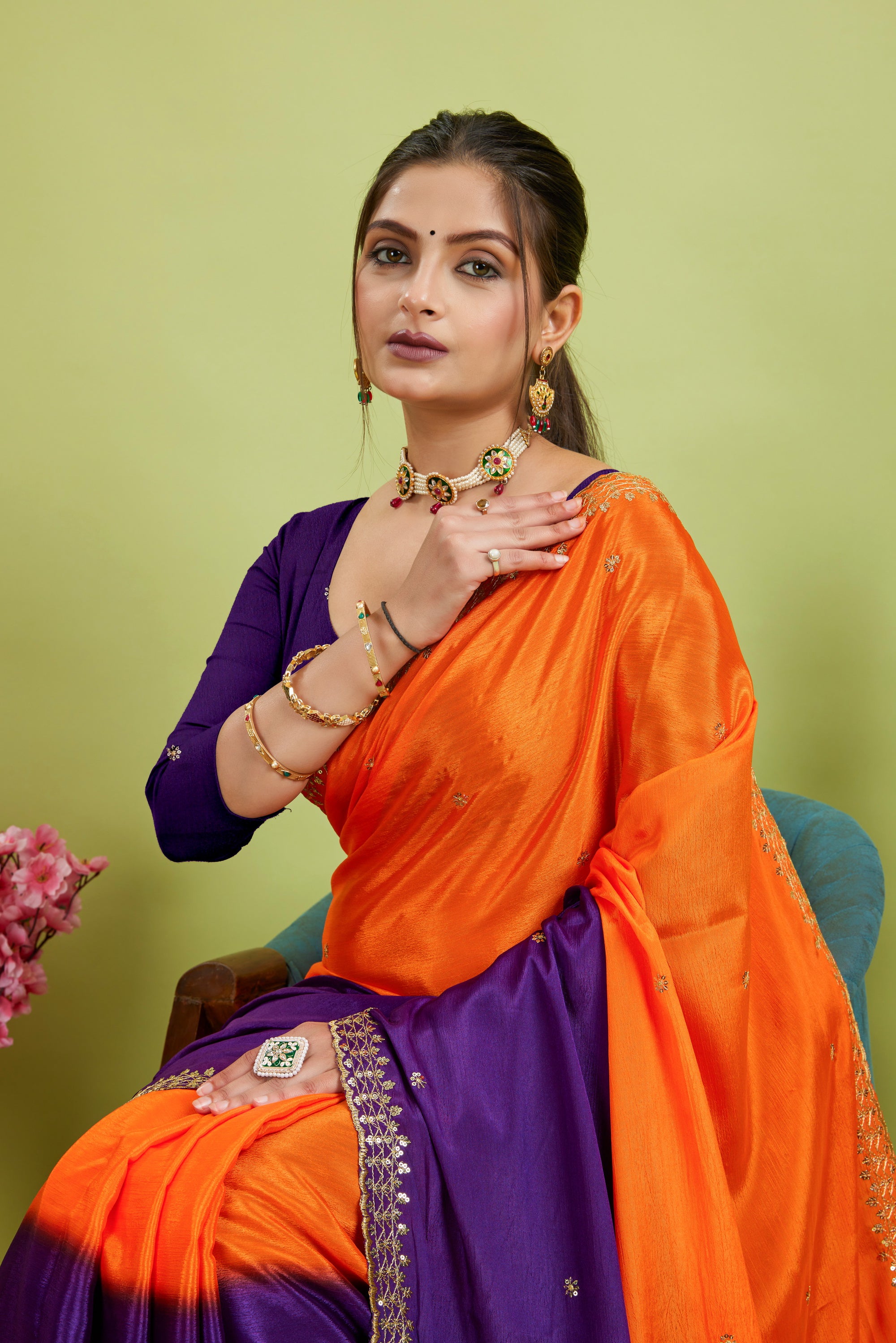 Purple Chinnon Fabric With Embroidery Silk Saree