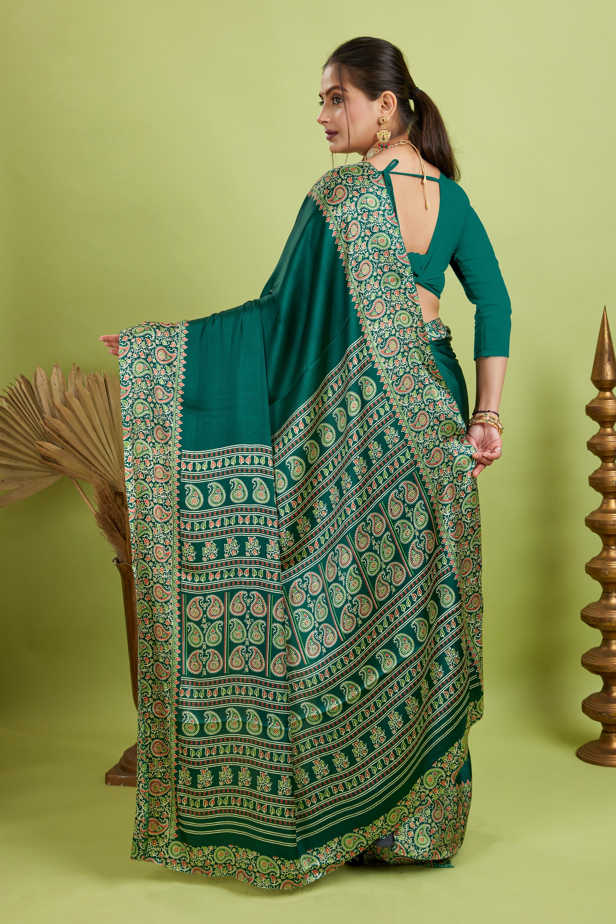 Green Ajrakh Printed Silk Saree