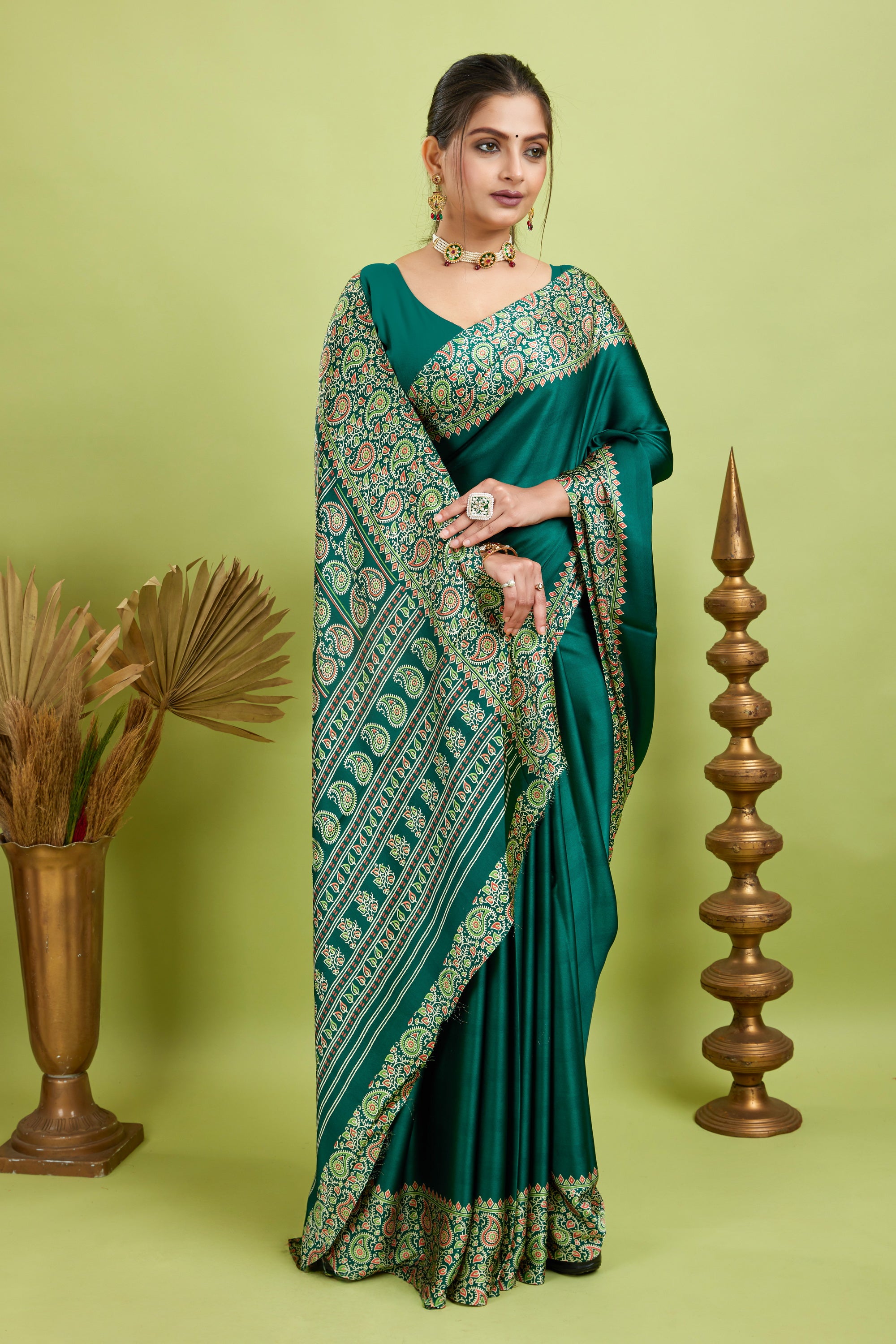 Green Ajrakh Printed Silk Saree
