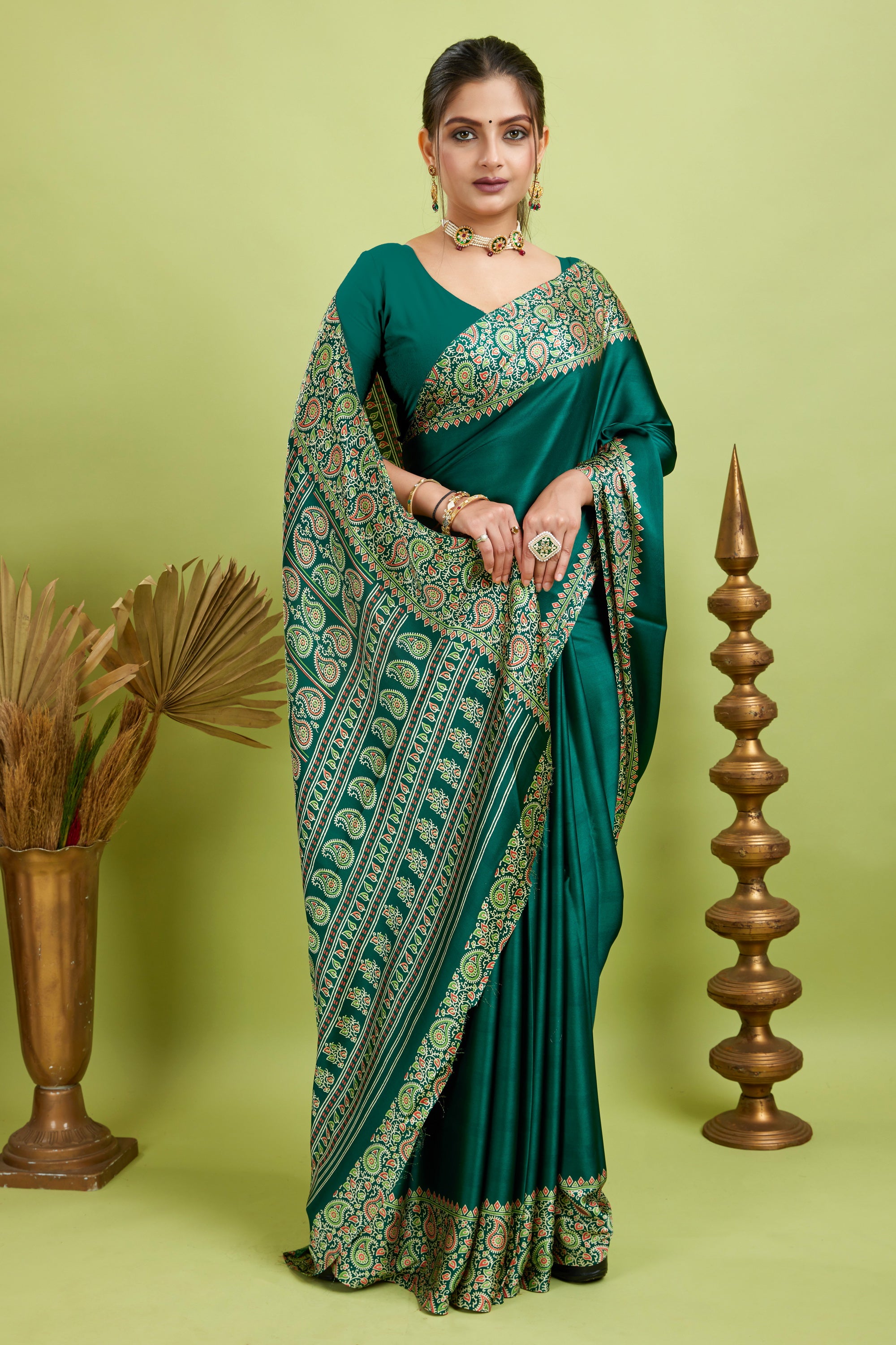 Green Ajrakh Printed Silk Saree