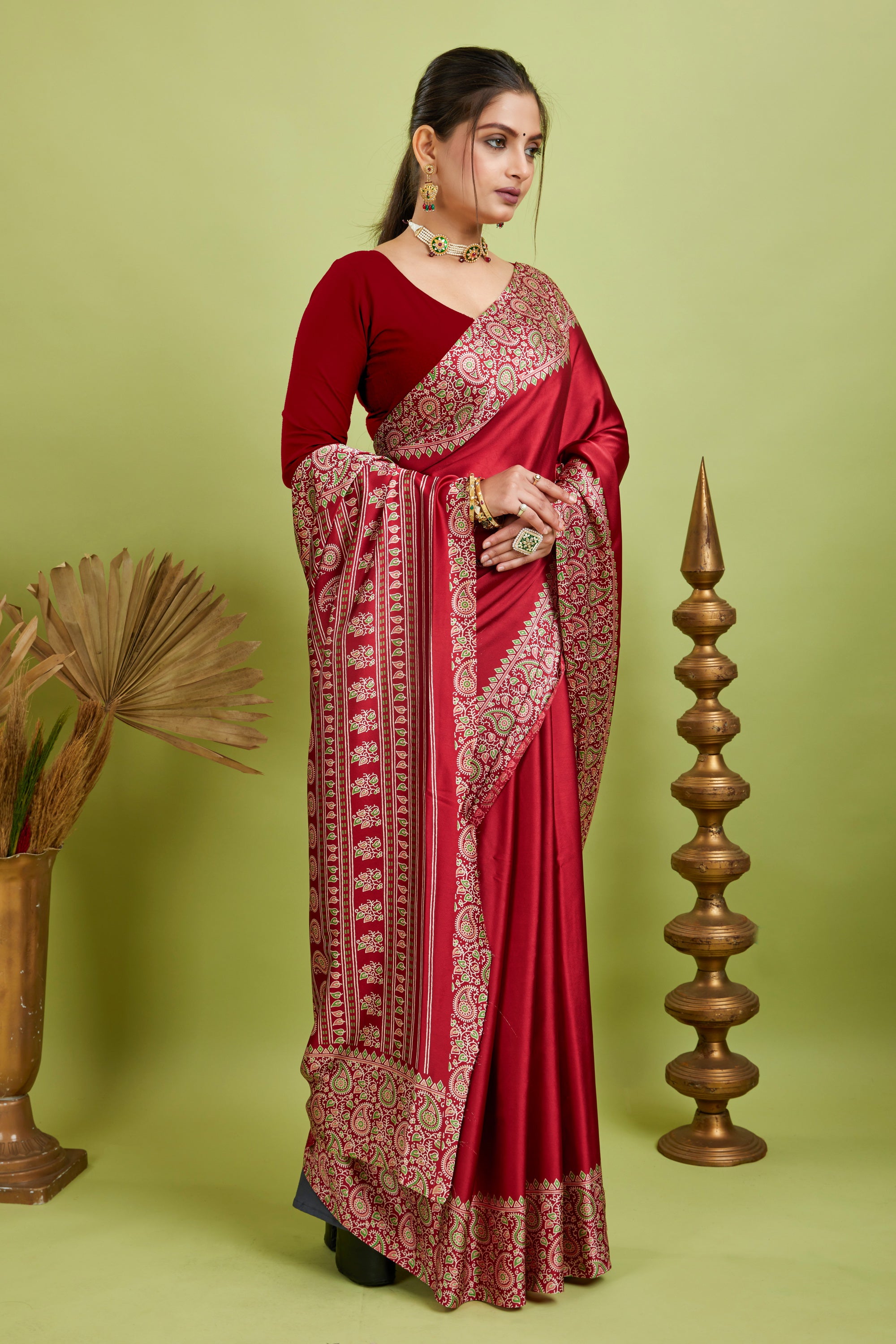 Red Ajrakh Printed Silk Saree