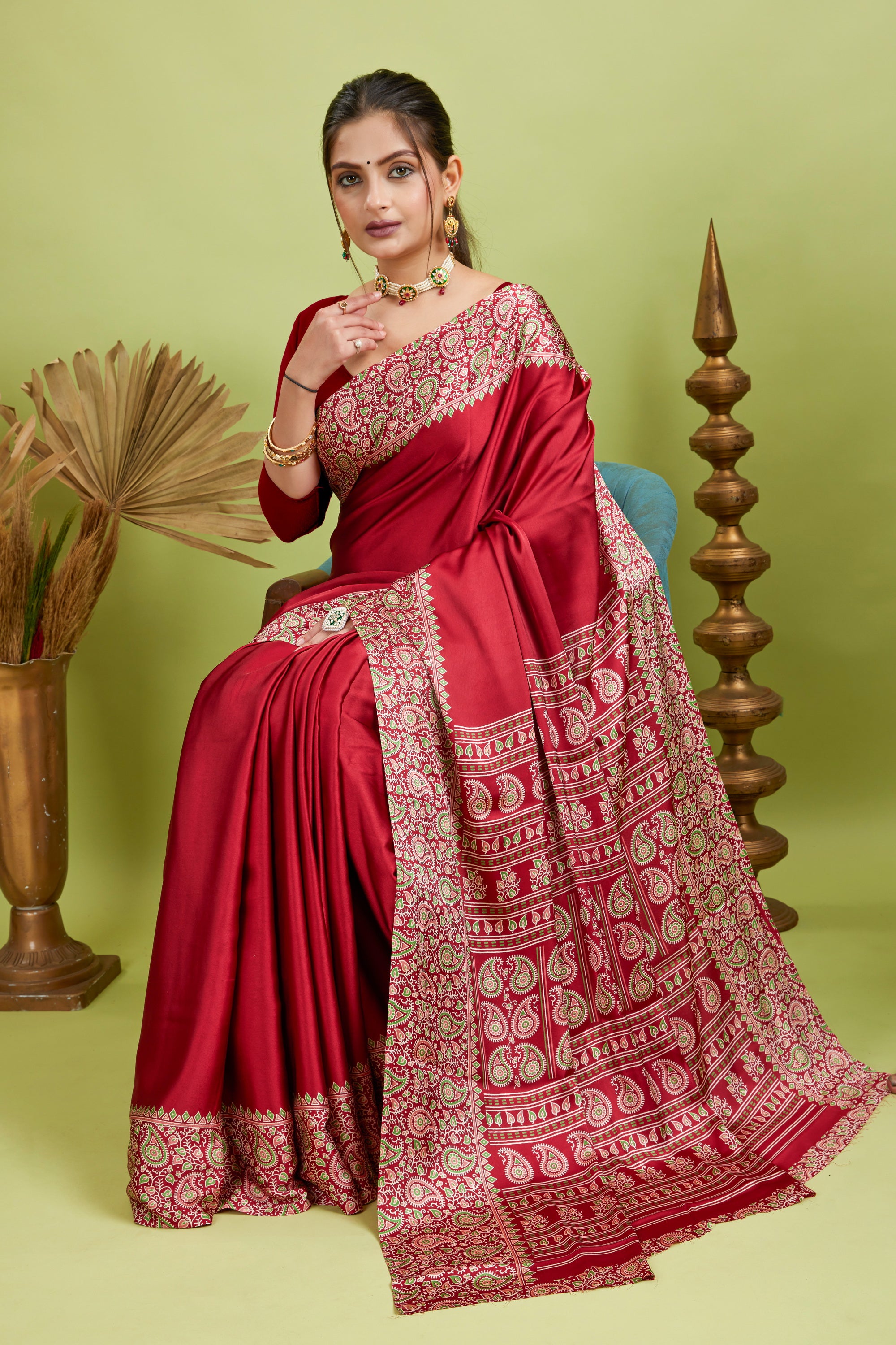 Red Ajrakh Printed Silk Saree