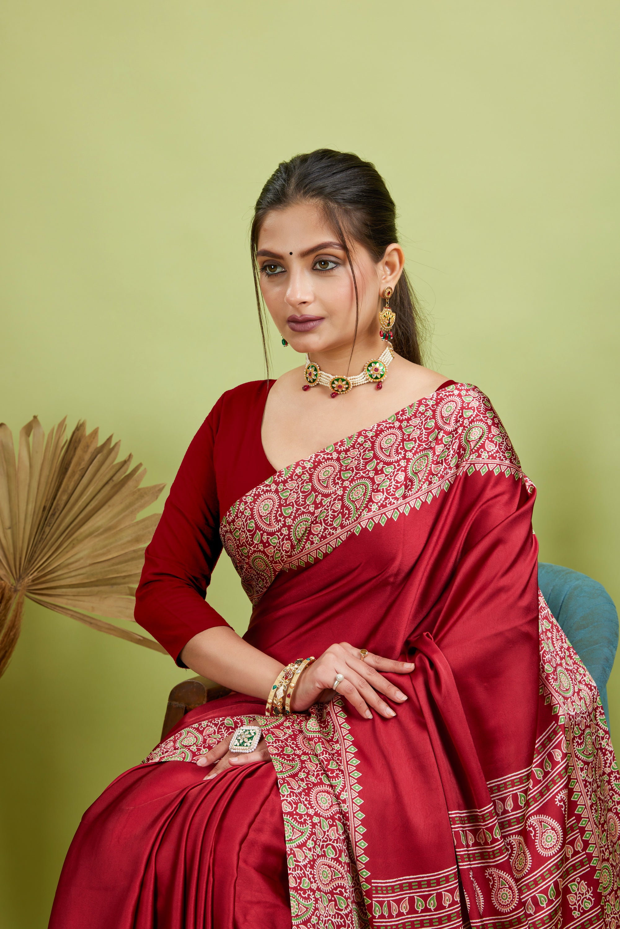 Red Ajrakh Printed Silk Saree