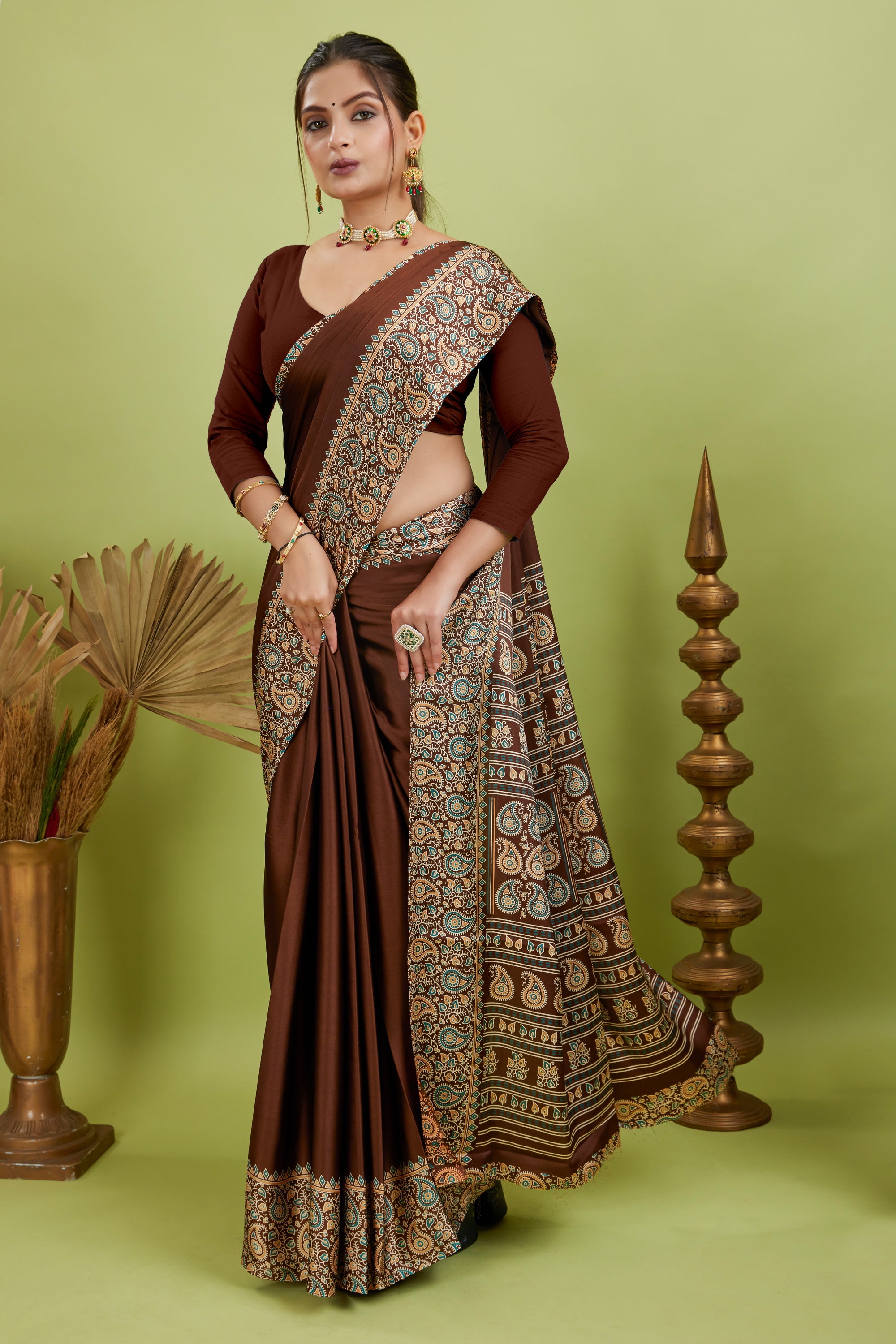 Maroon Ajrakh Printed Silk Saree