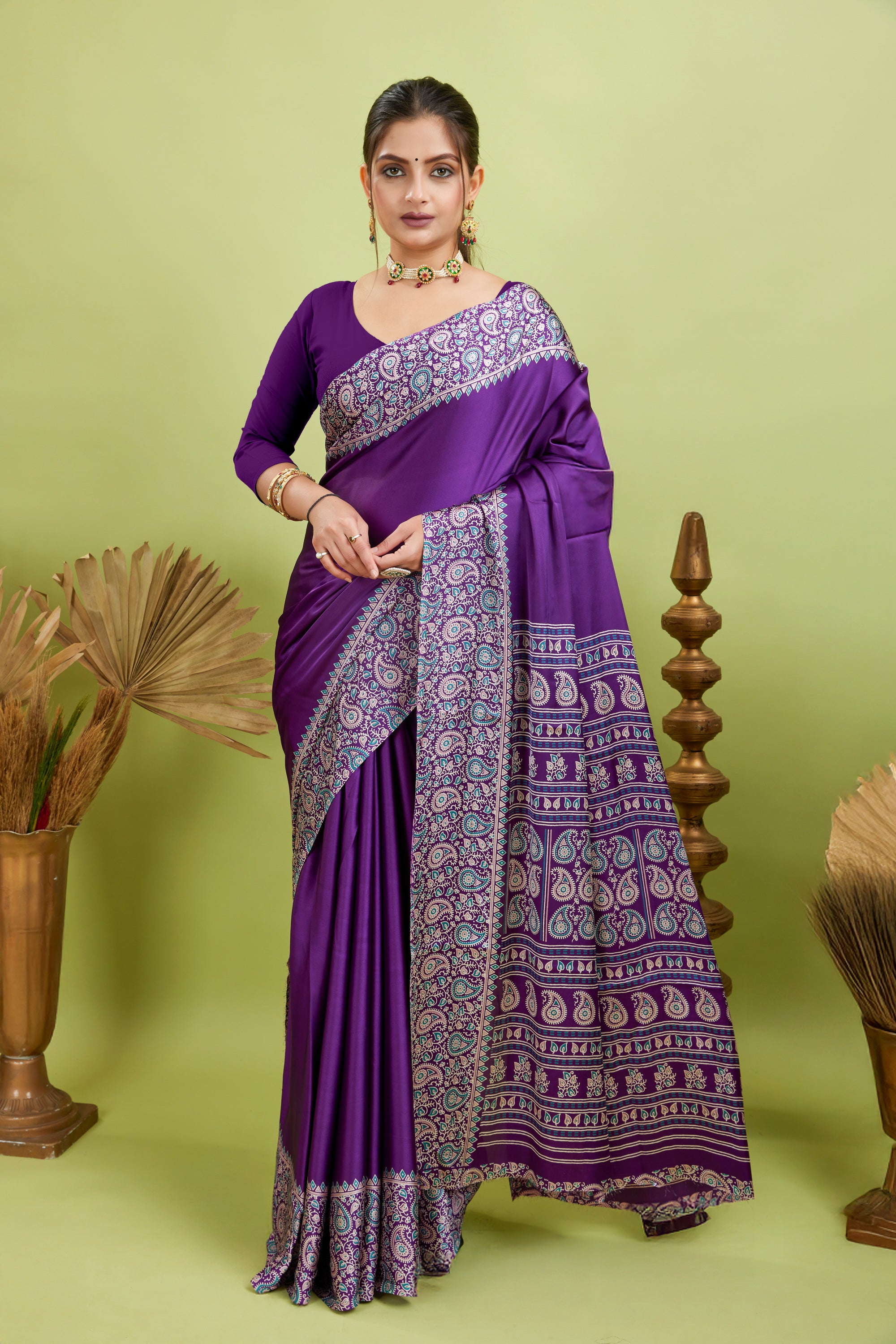Purple Ajrakh Printed Silk Saree