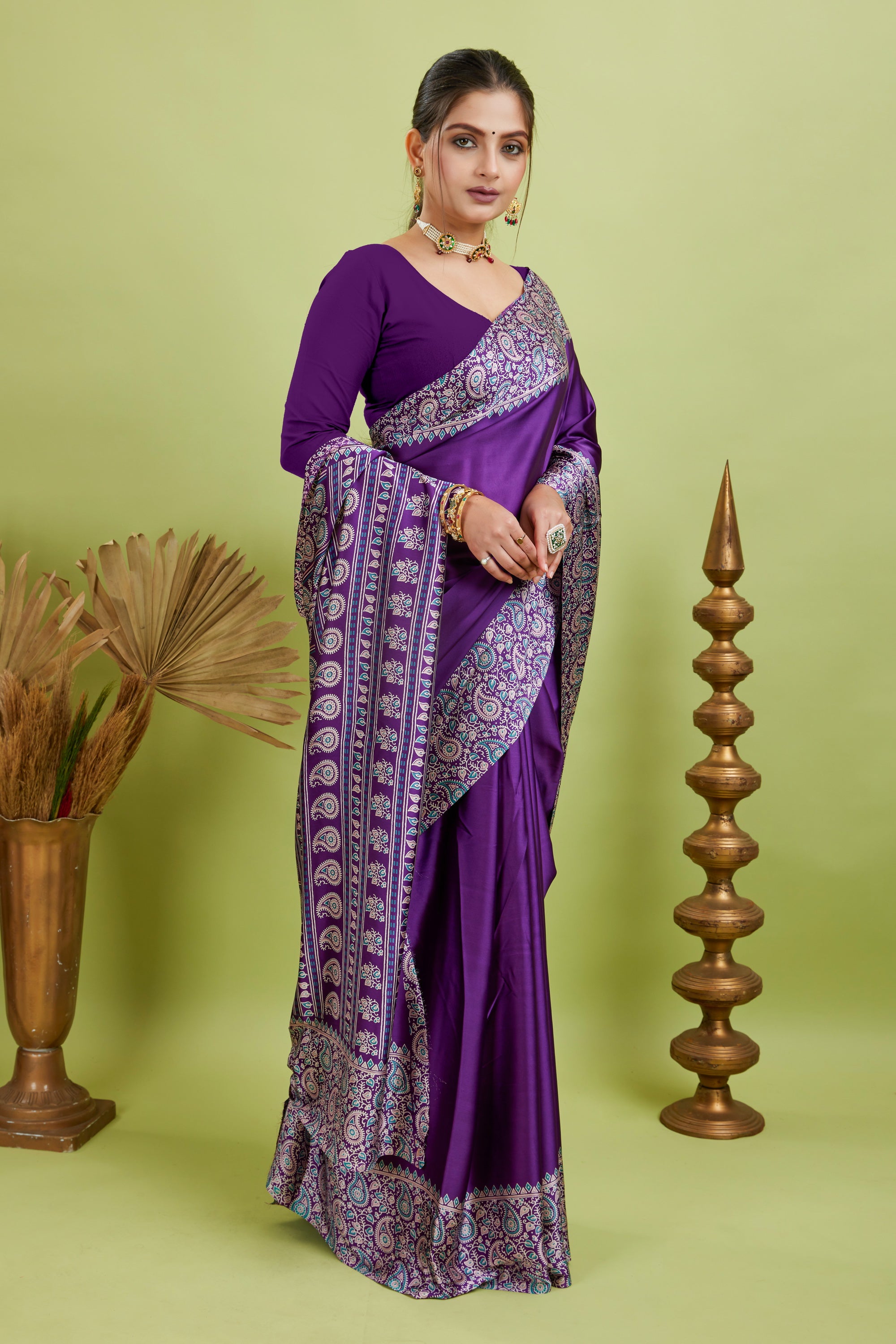 Purple Ajrakh Printed Silk Saree
