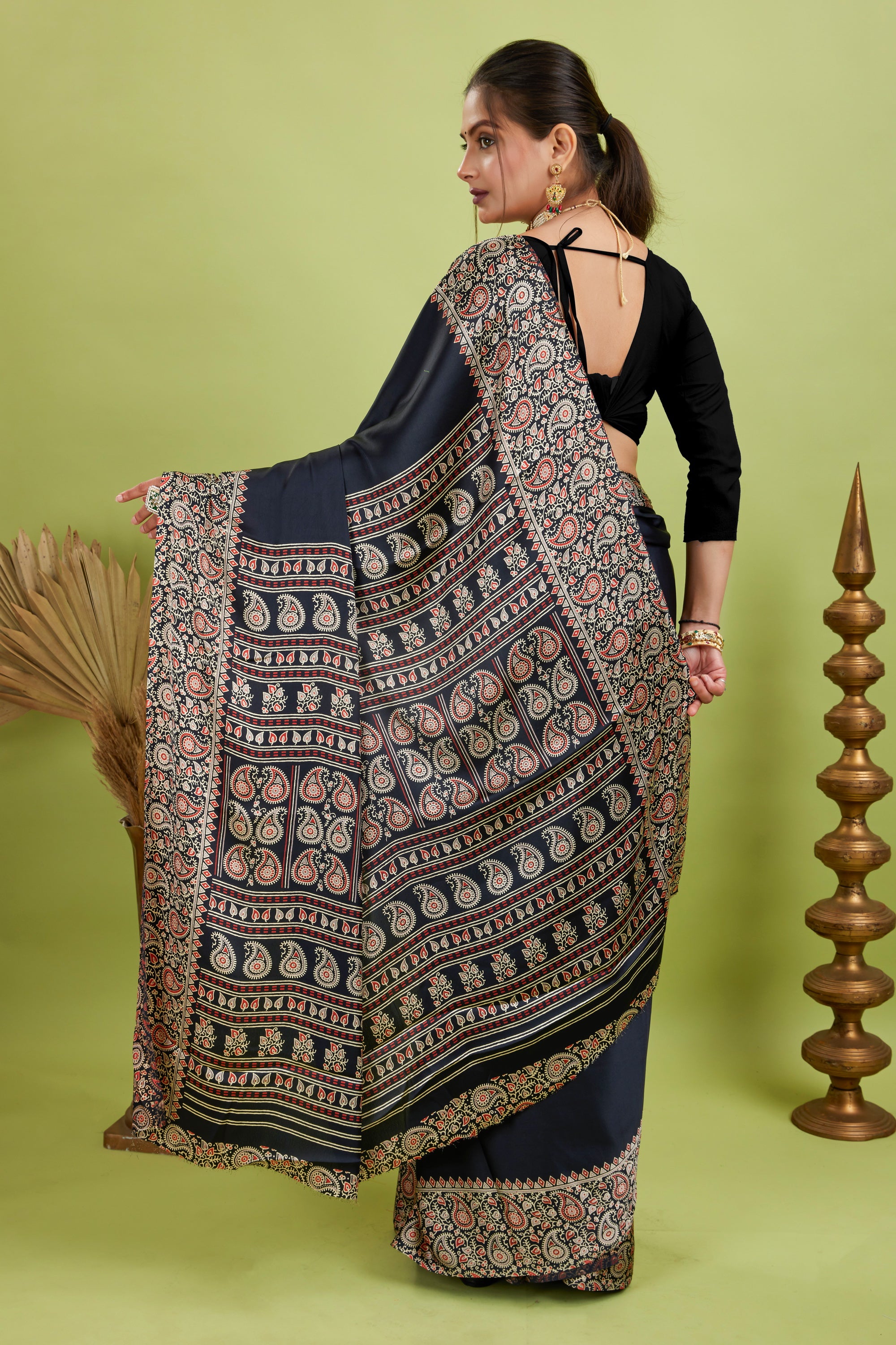 Black Ajrakh Printed Silk Saree