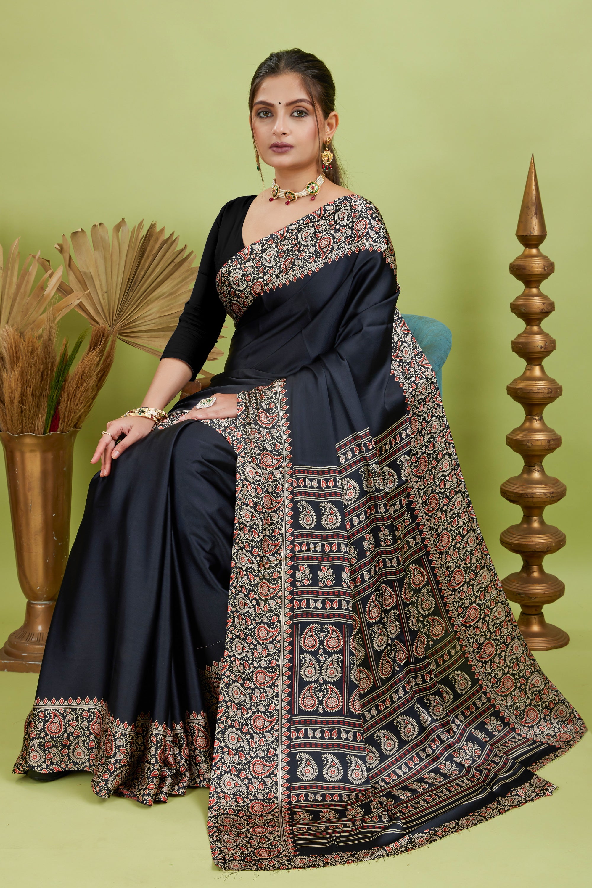 Black Ajrakh Printed Silk Saree