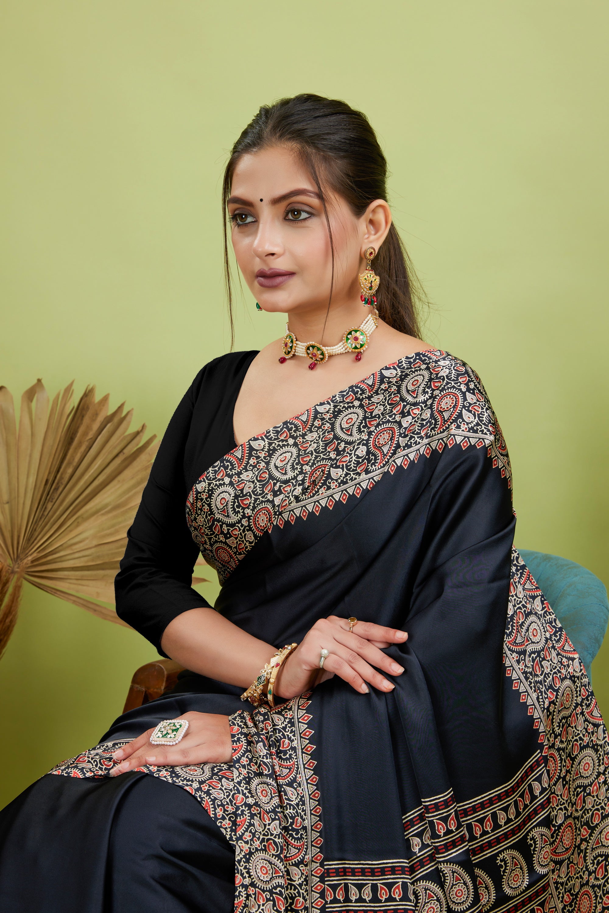 Black Ajrakh Printed Silk Saree