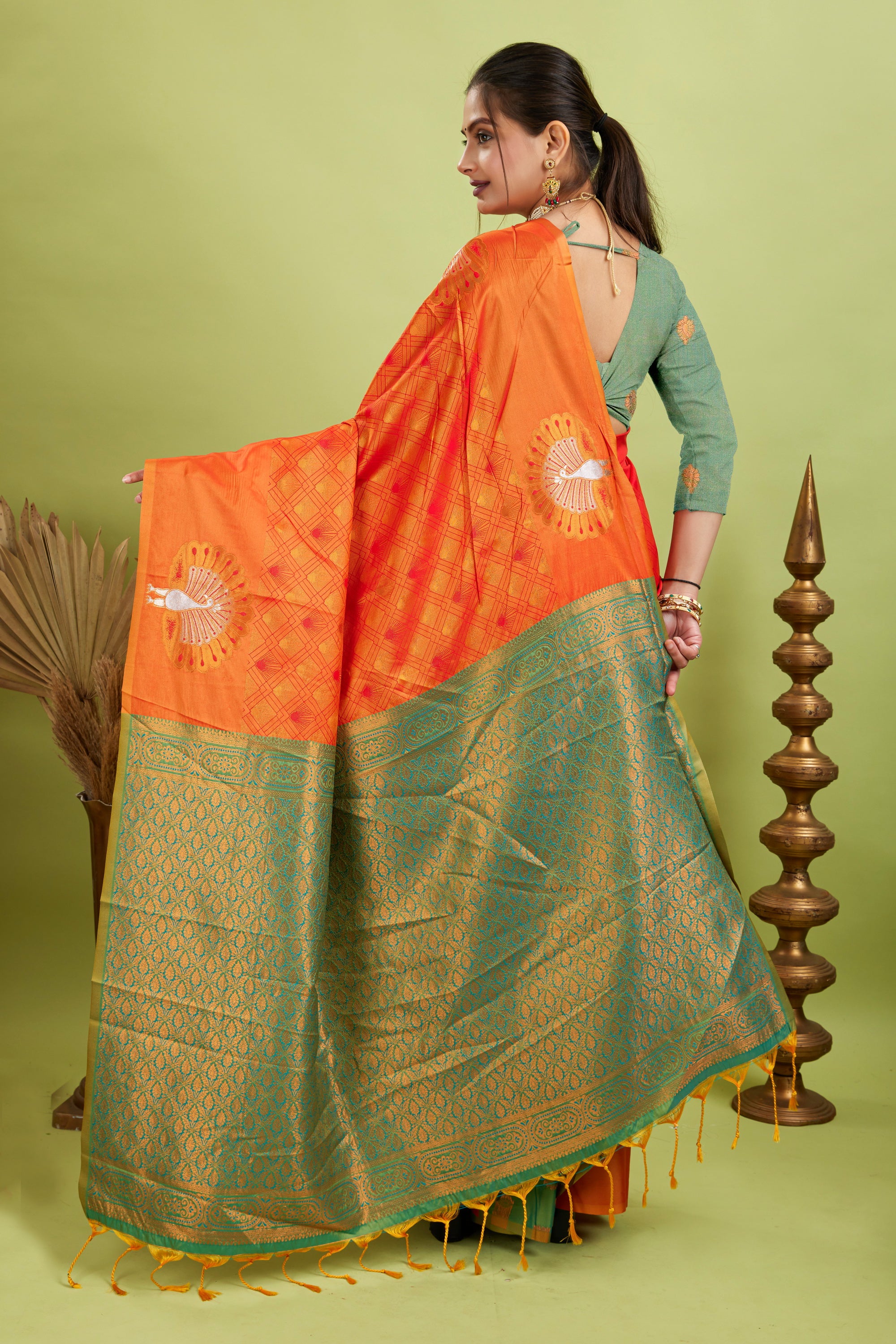 Orange Handloom Woven Banarasi Silk Saree