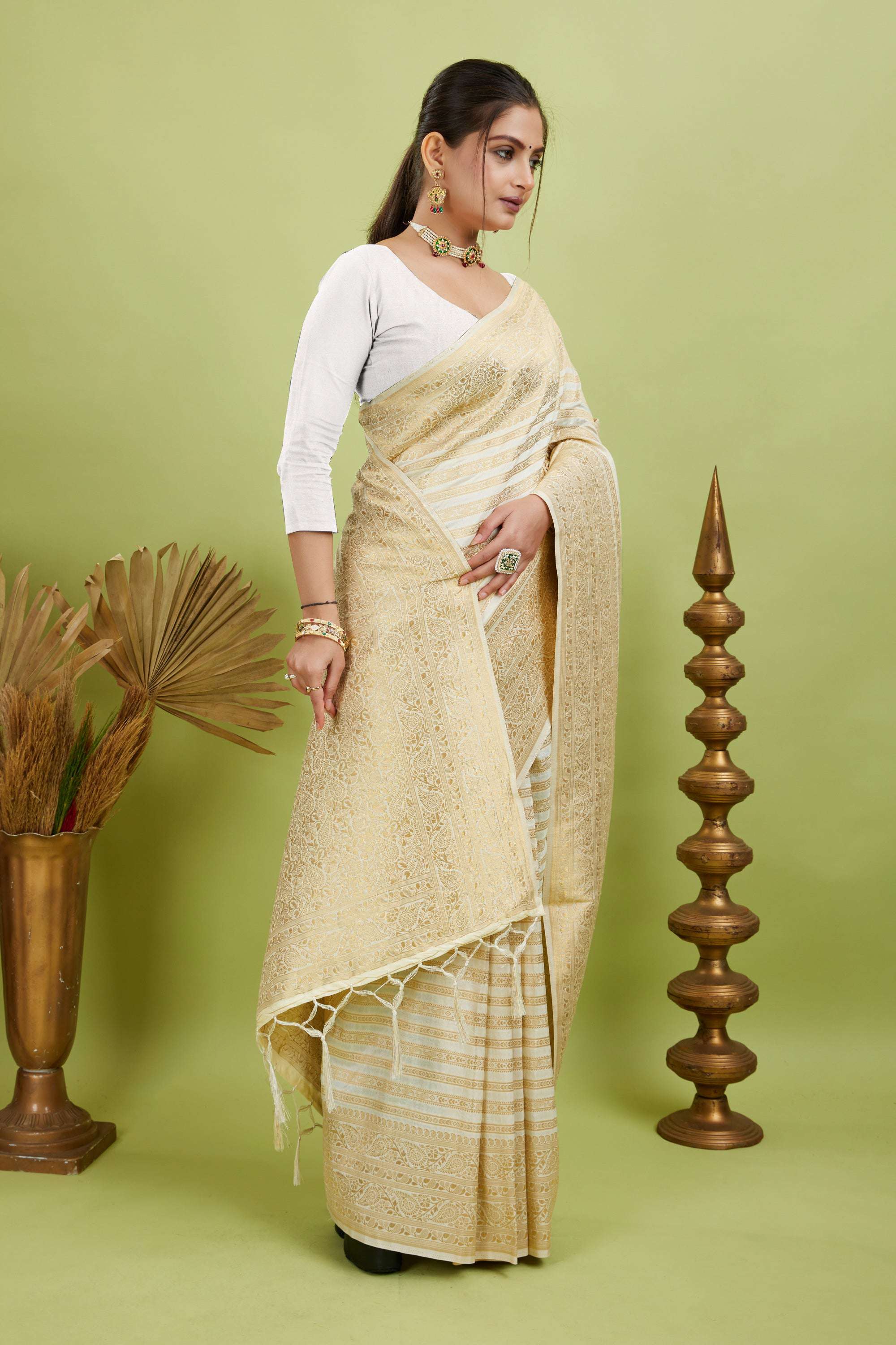 White Woven Banarasi Khadi Silk Saree