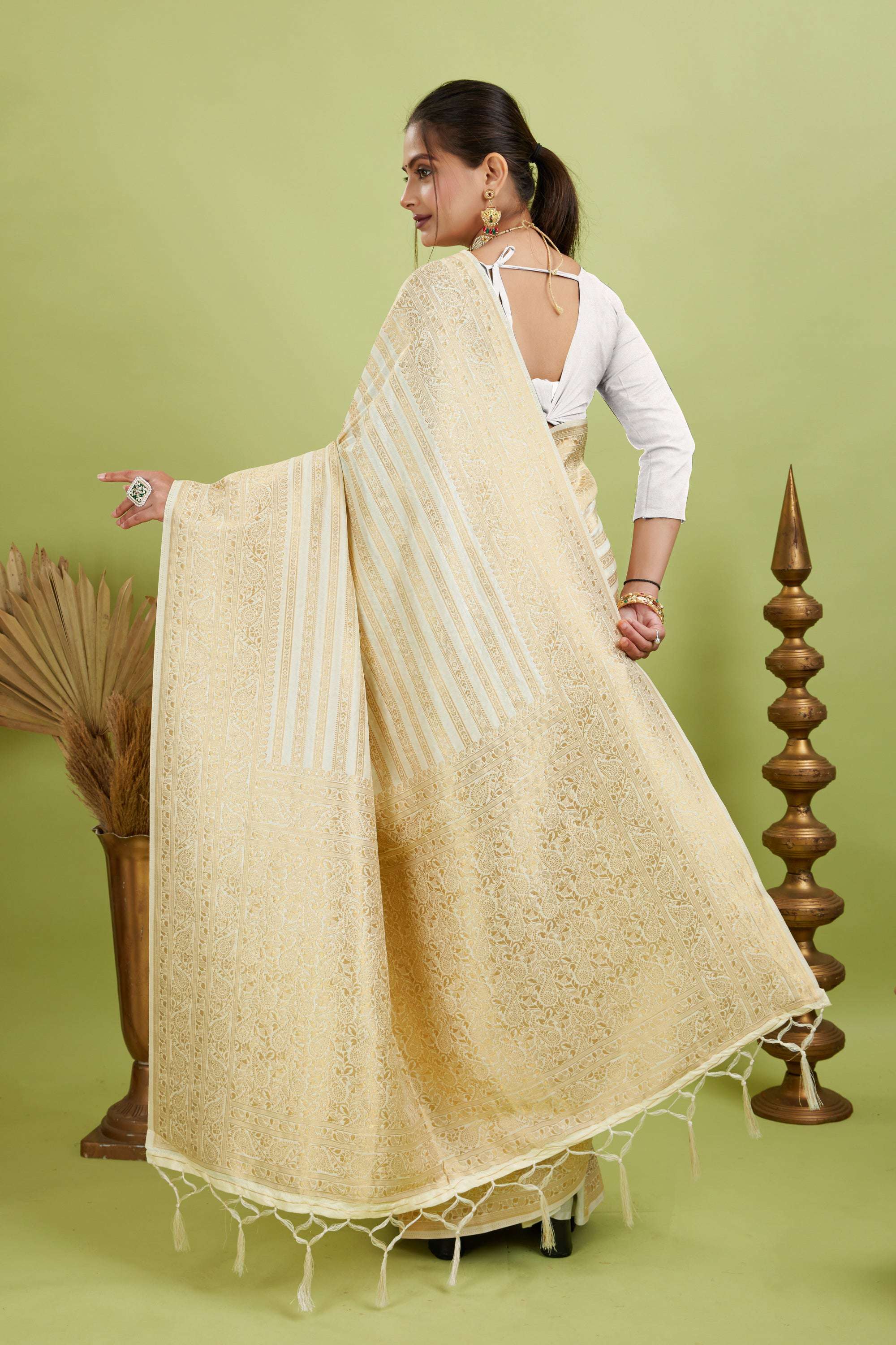 White Woven Banarasi Khadi Silk Saree