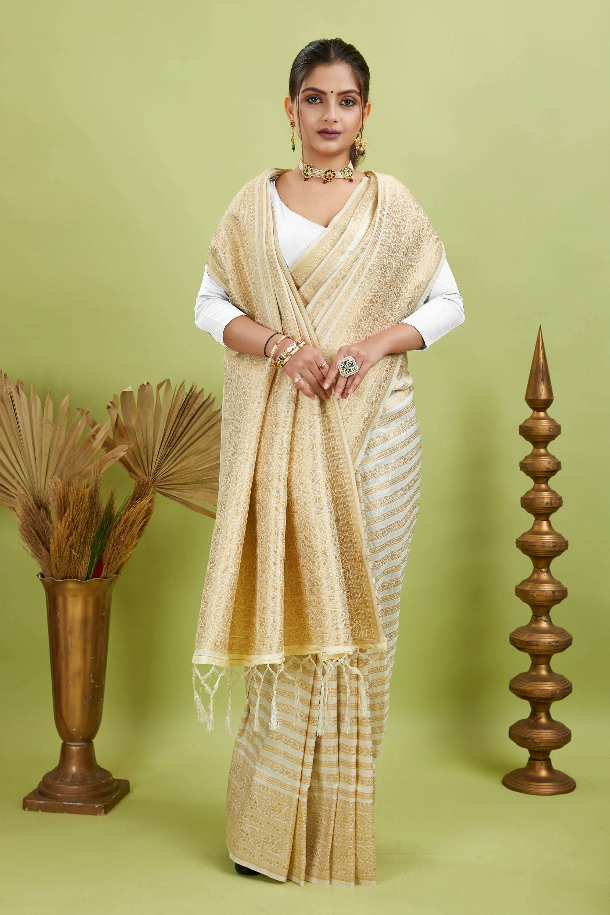 White Woven Banarasi Khadi Silk Saree