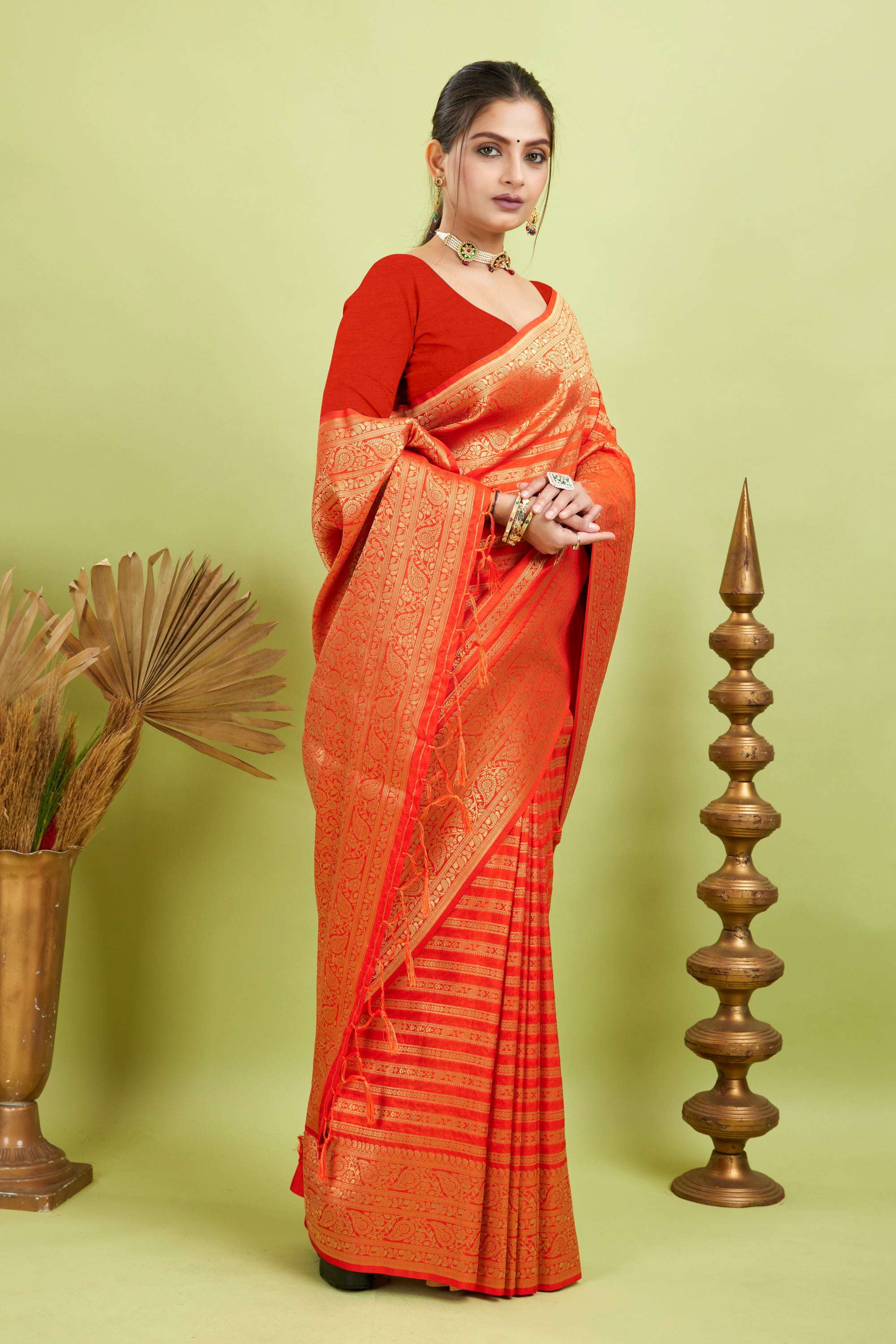 Orange Woven Banarasi Khadi Silk Saree