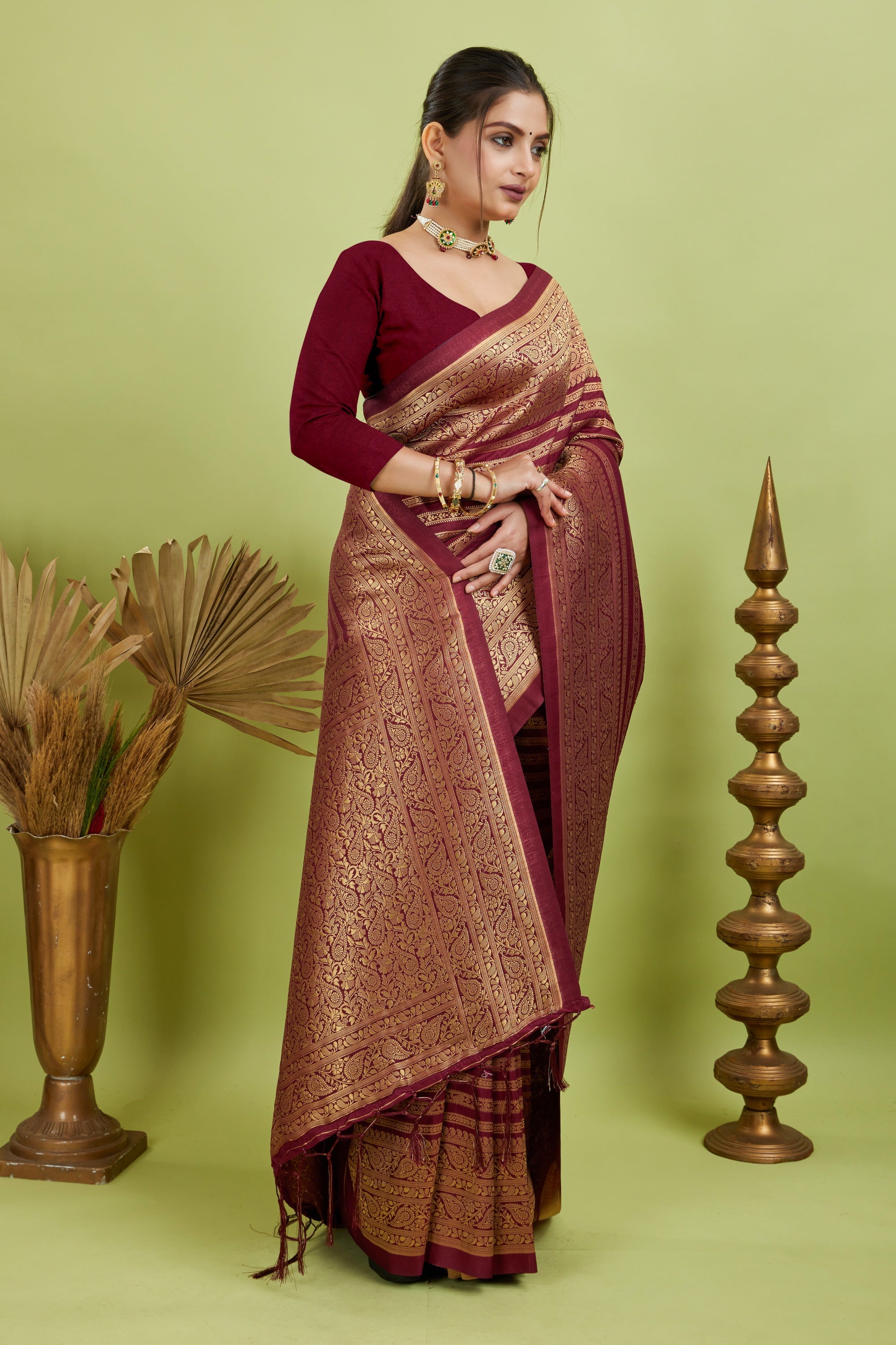 Wine Woven Banarasi Khadi Silk Saree