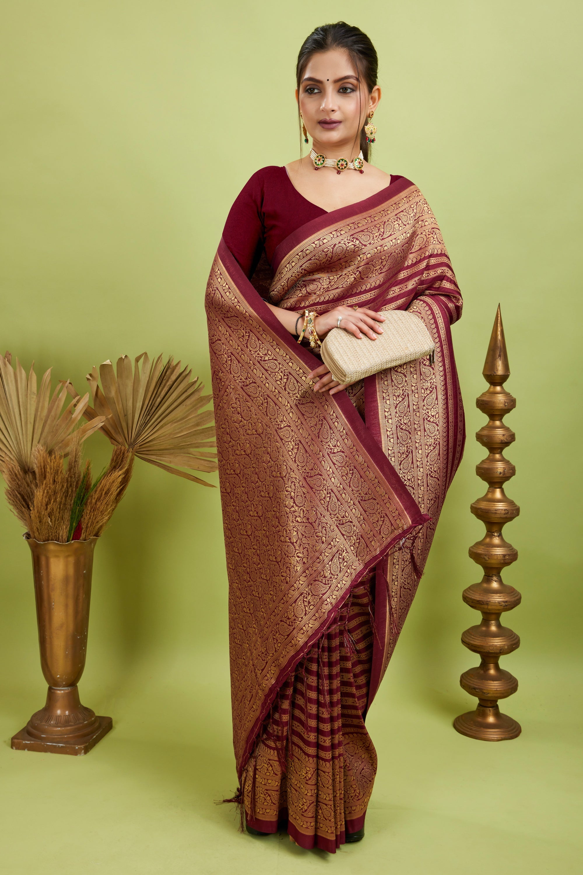 Wine Woven Banarasi Khadi Silk Saree