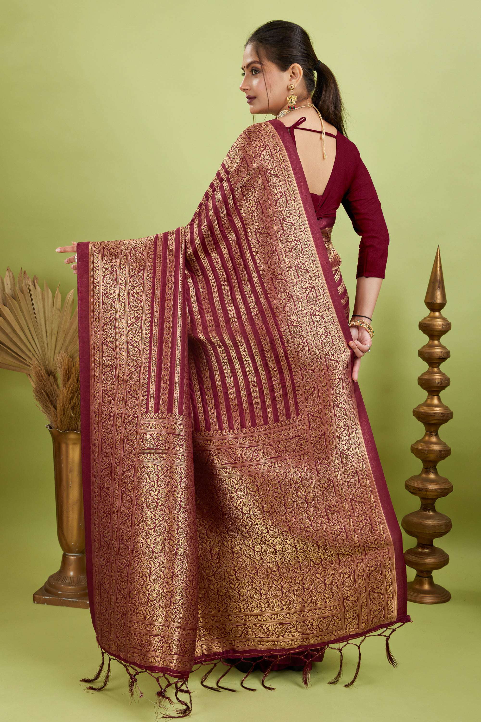 Wine Woven Banarasi Khadi Silk Saree