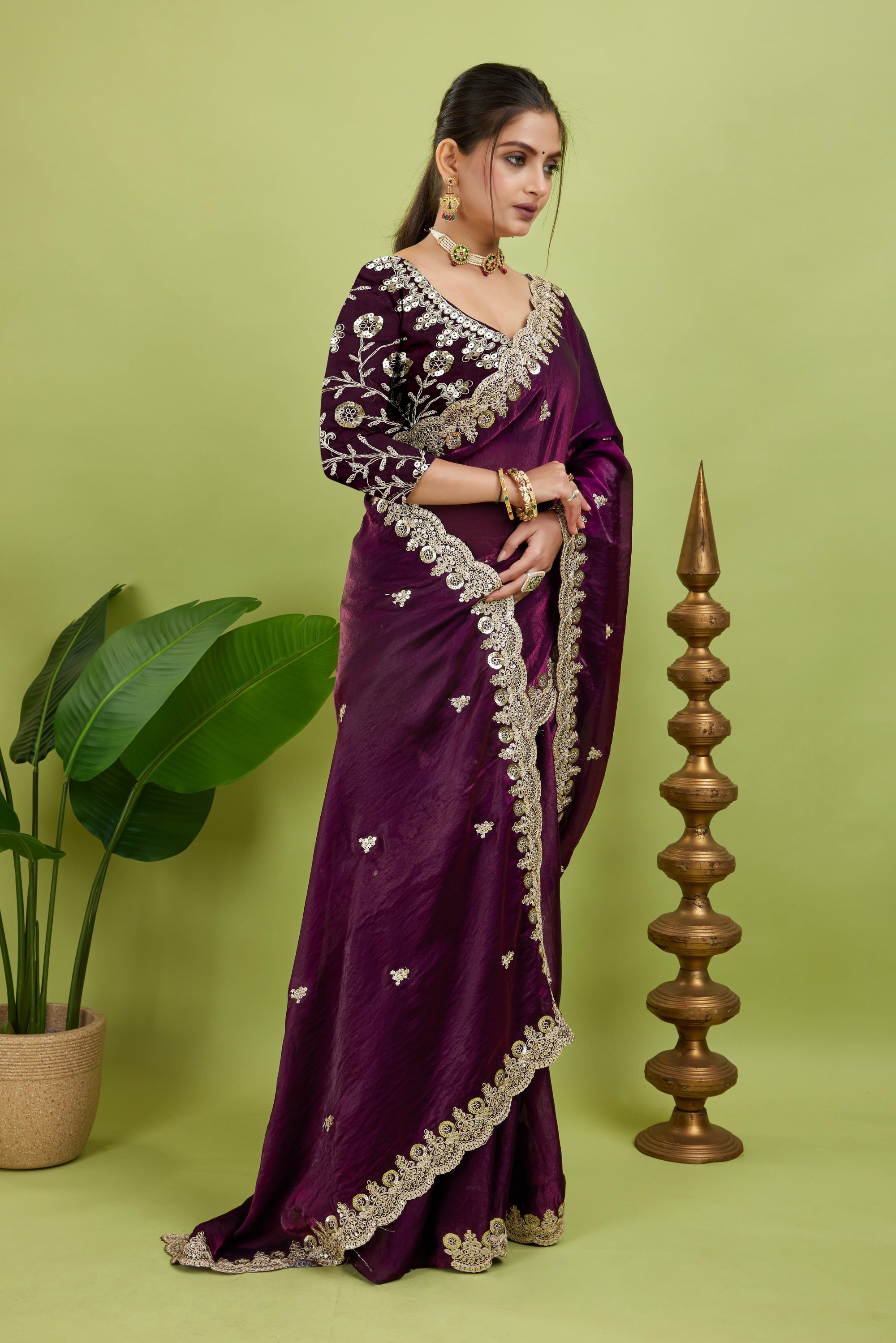 Purple Sequined Embroidered Fancy Chiffon Saree