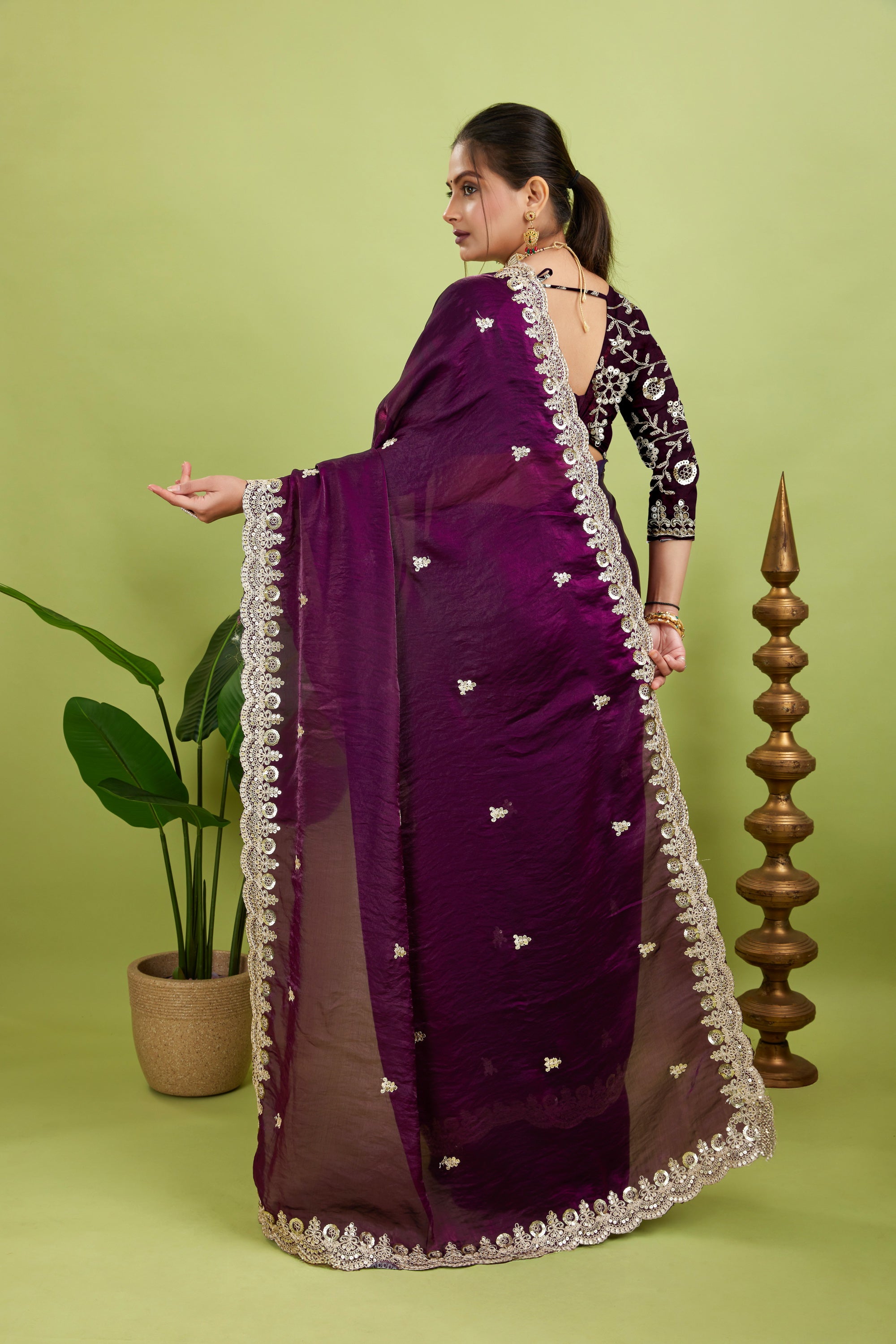 Purple Sequined Embroidered Fancy Chiffon Saree