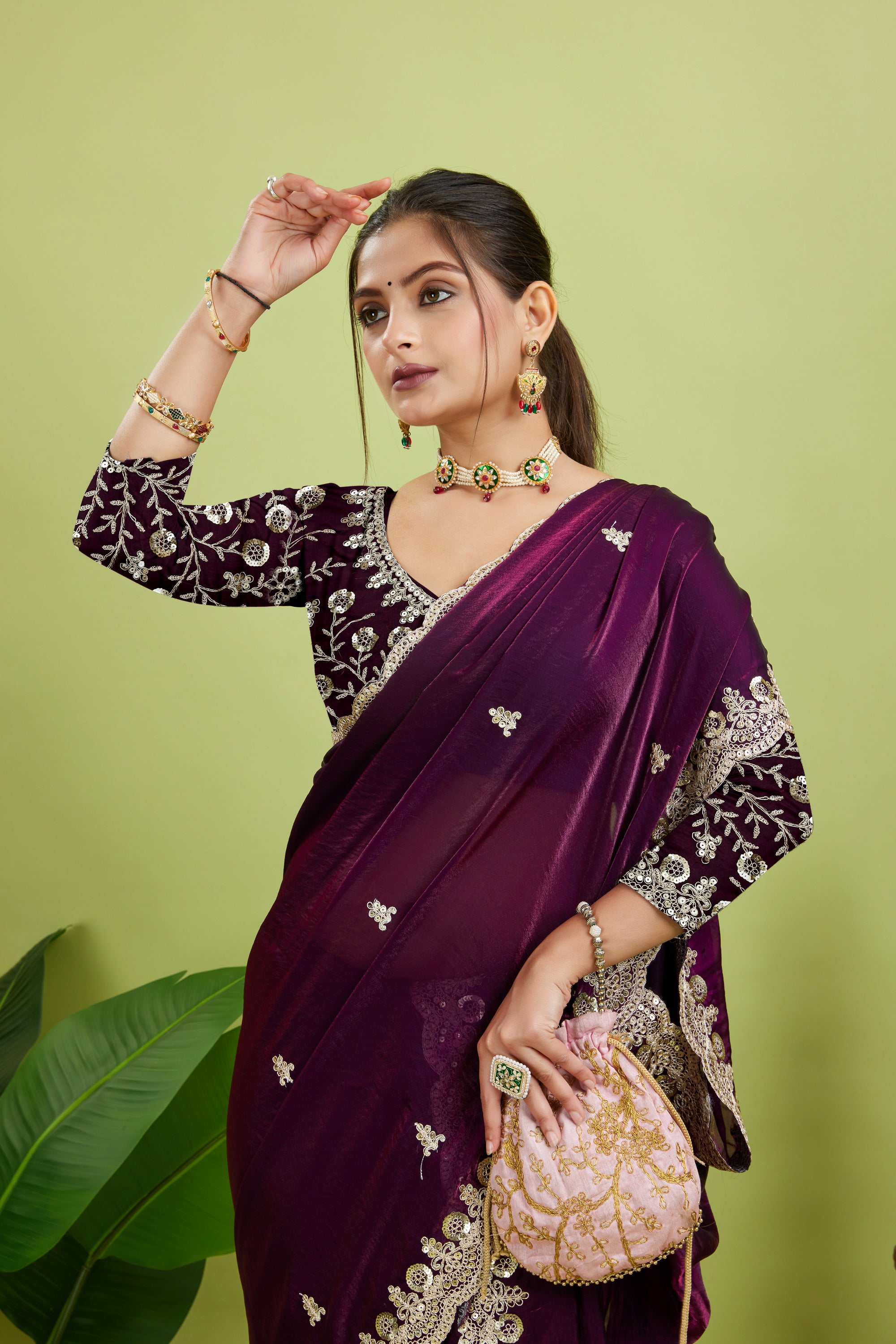 Purple Sequined Embroidered Fancy Chiffon Saree