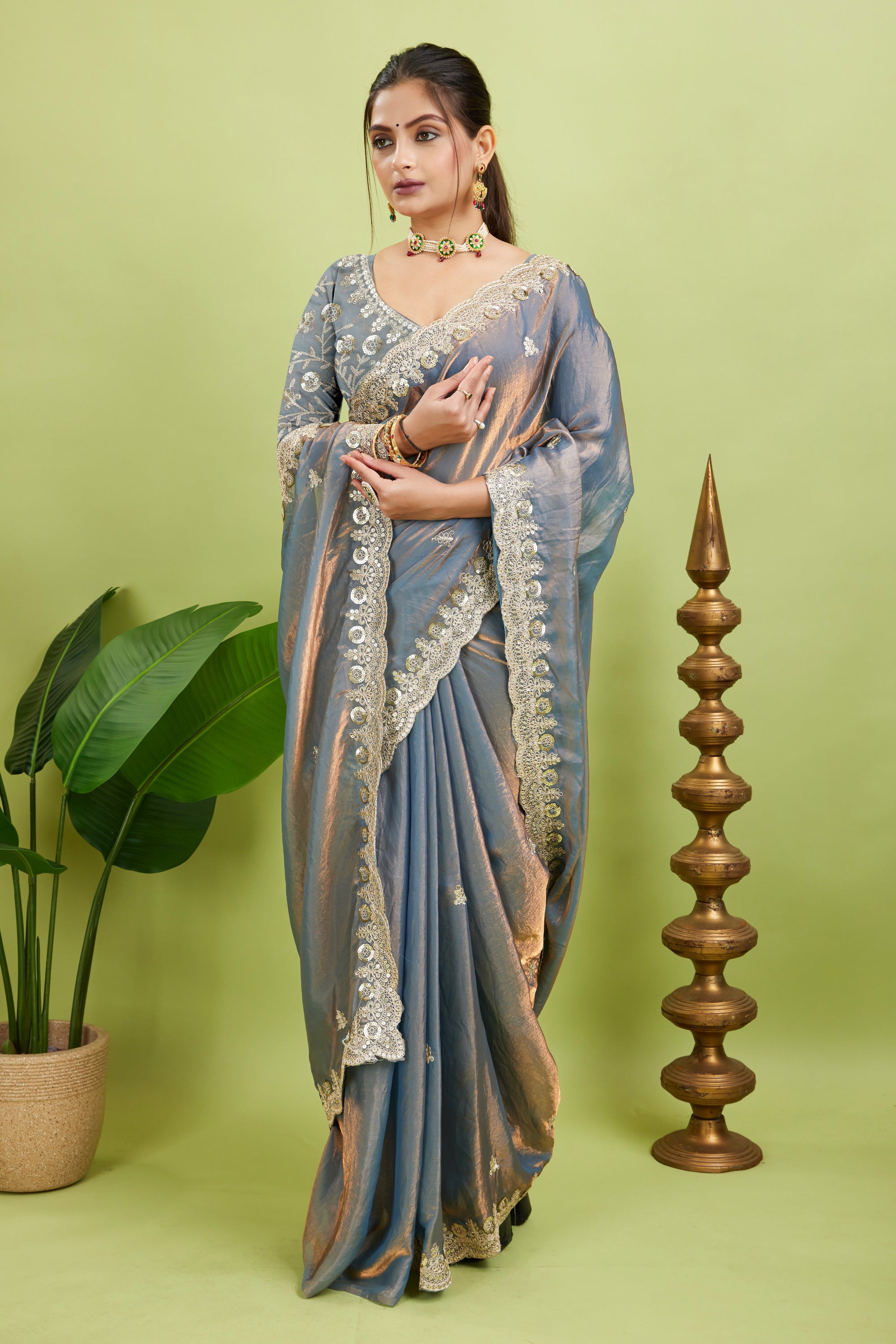Silver Sequined Embroidered Fancy Chiffon Saree