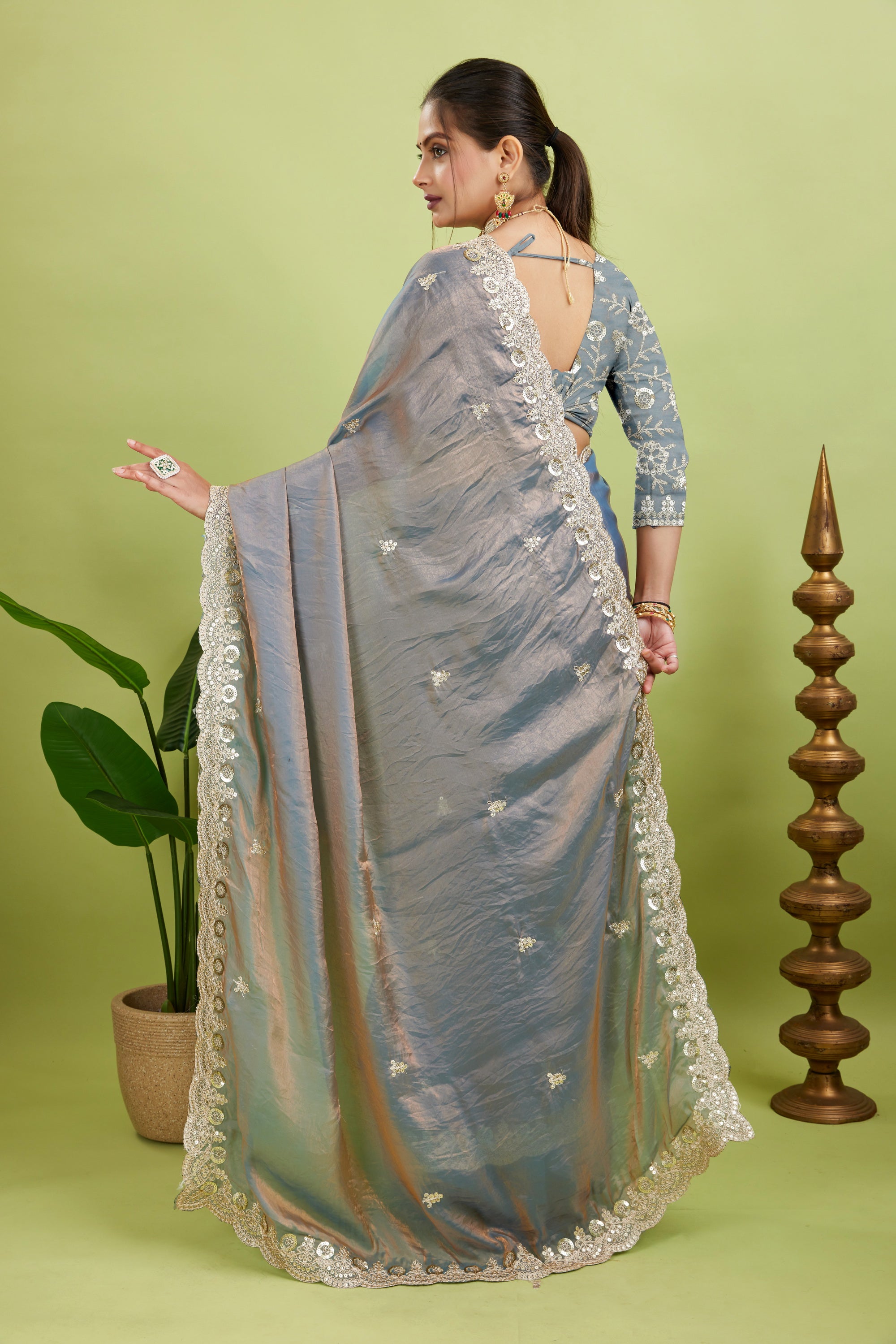 Silver Sequined Embroidered Fancy Chiffon Saree
