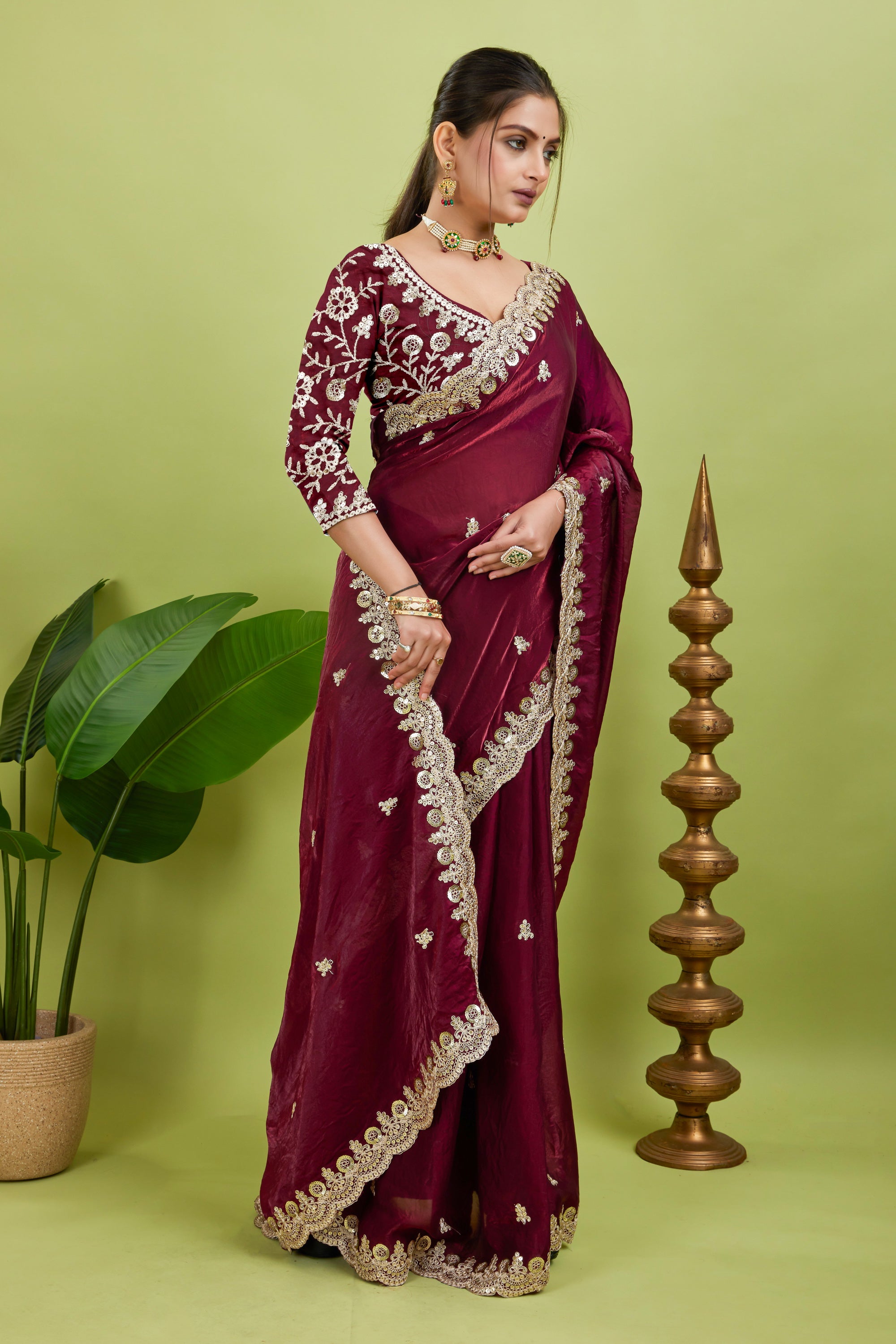 Wine Sequined Embroidered Fancy Chiffon Saree
