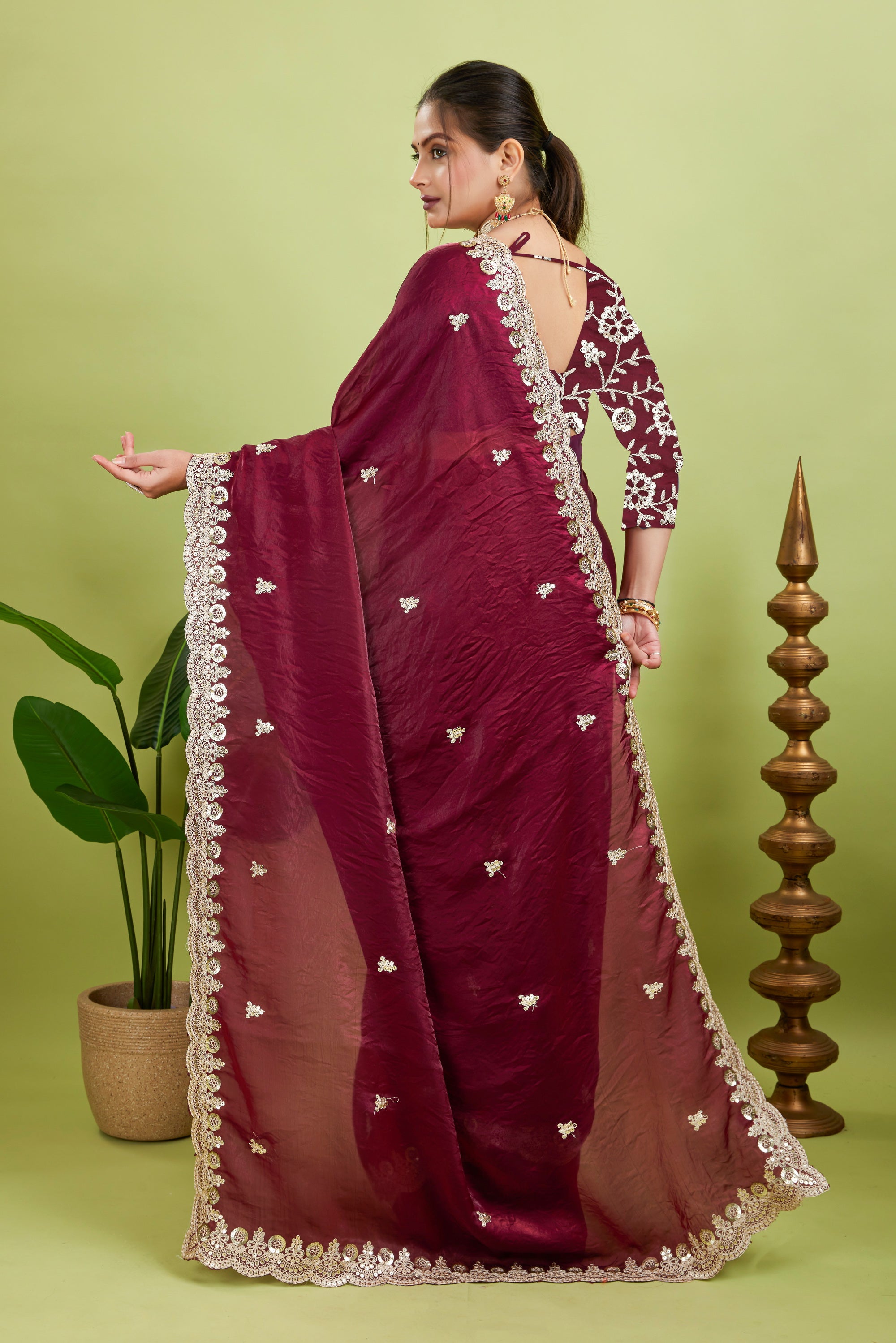 Wine Sequined Embroidered Fancy Chiffon Saree