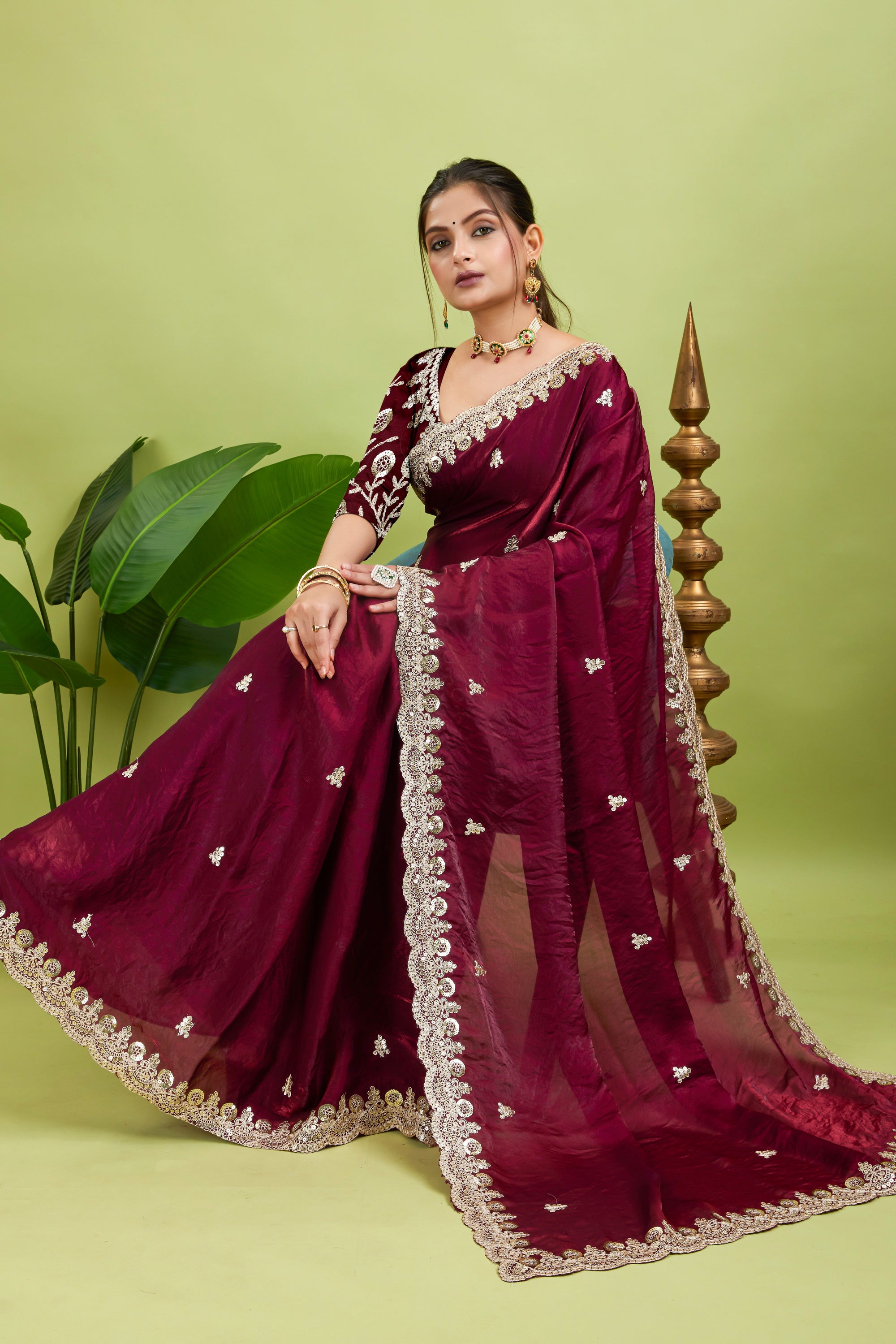 Wine Sequined Embroidered Fancy Chiffon Saree
