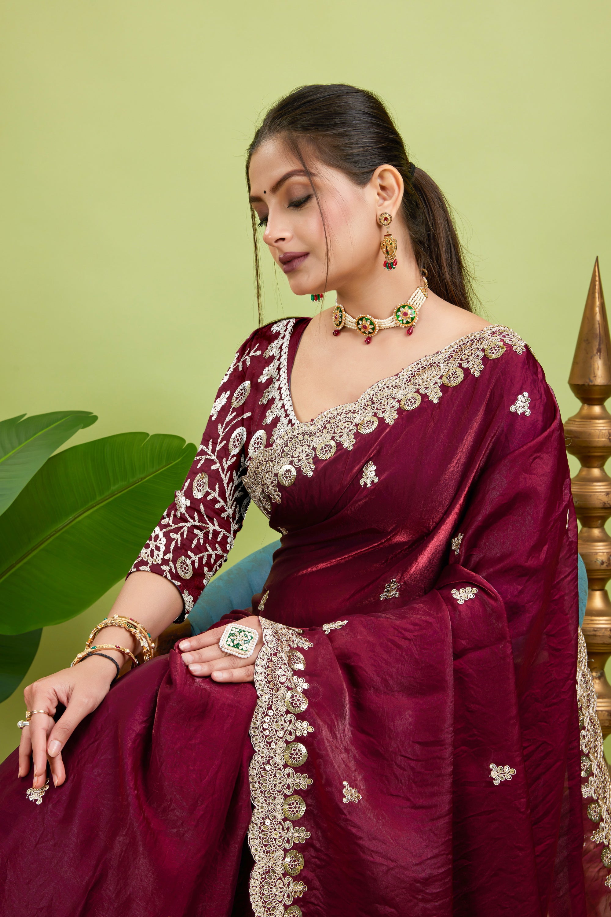 Wine Sequined Embroidered Fancy Chiffon Saree