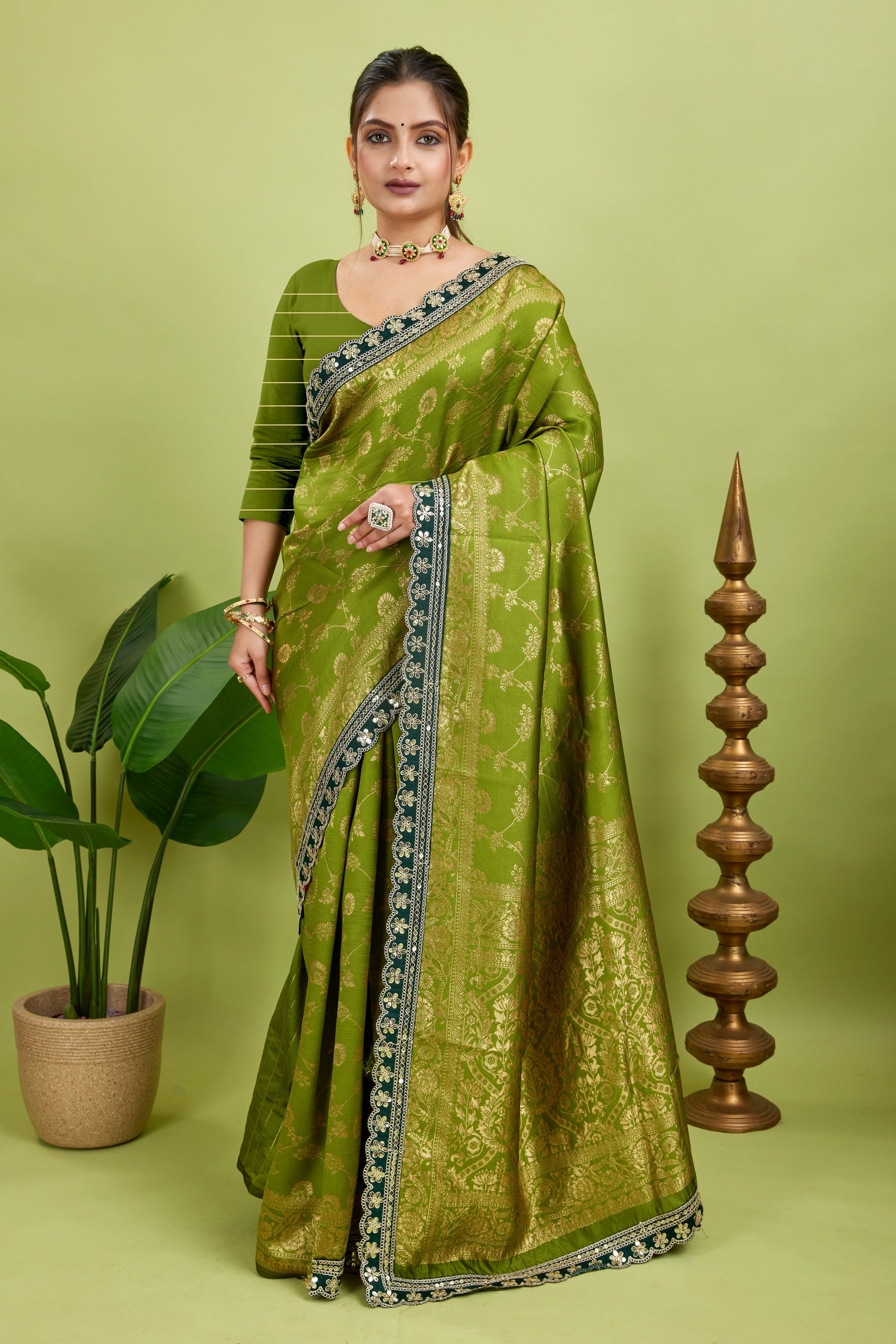 Olive Green Sequence Lace Work Kanjivaram Saree
