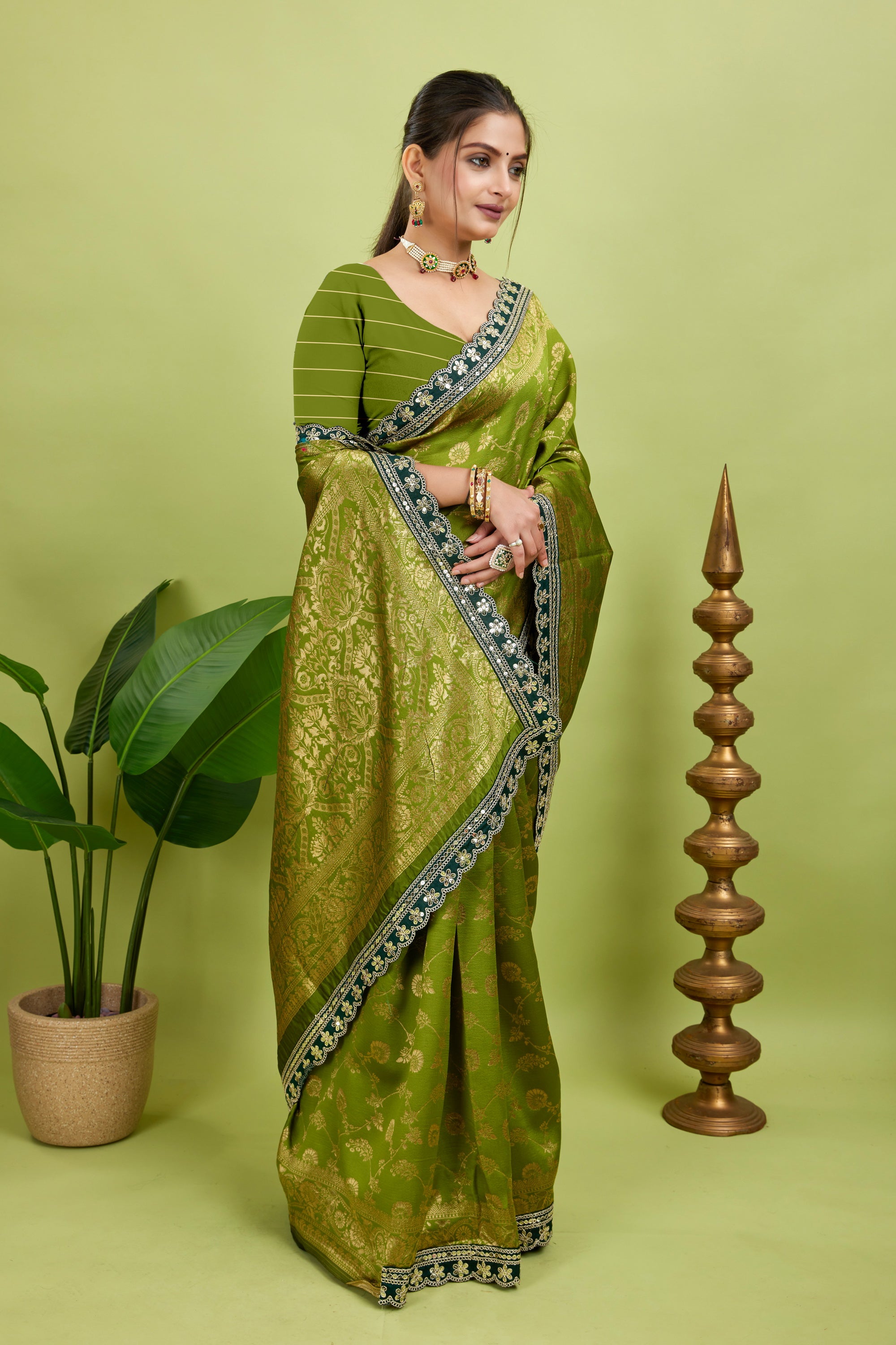 Olive Green Sequence Lace Work Kanjivaram Saree