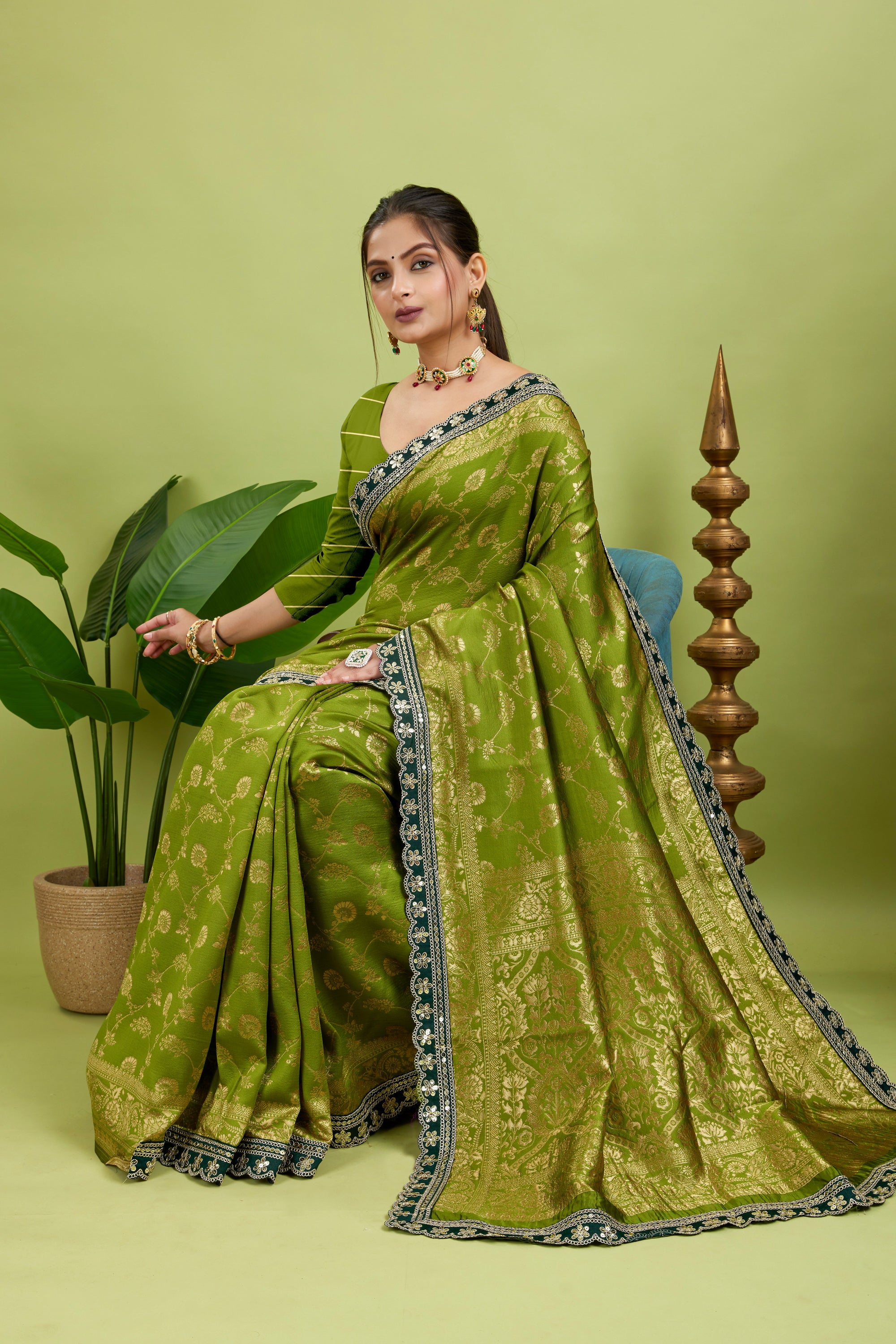 Olive Green Sequence Lace Work Kanjivaram Saree