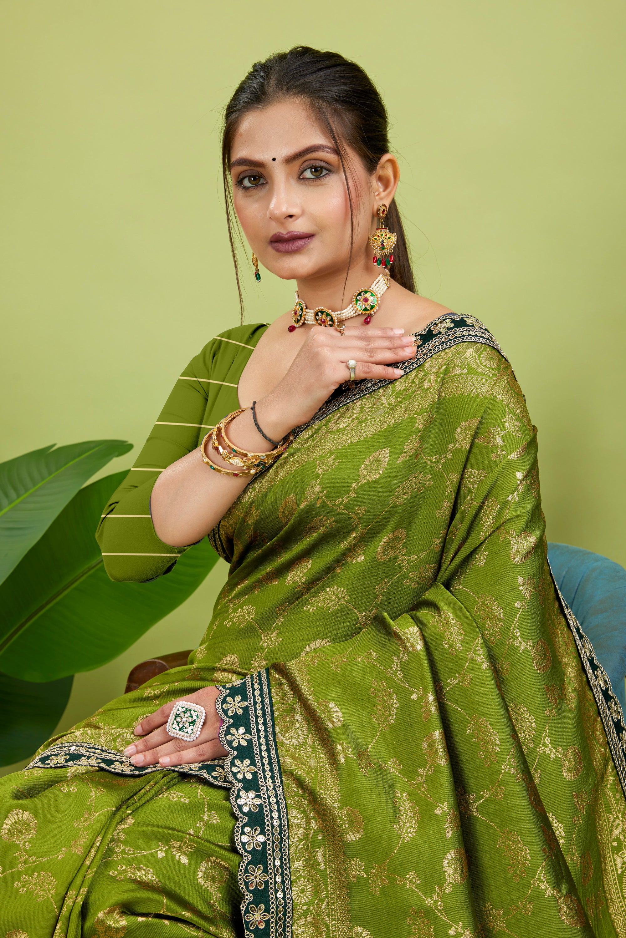 Olive Green Sequence Lace Work Kanjivaram Saree