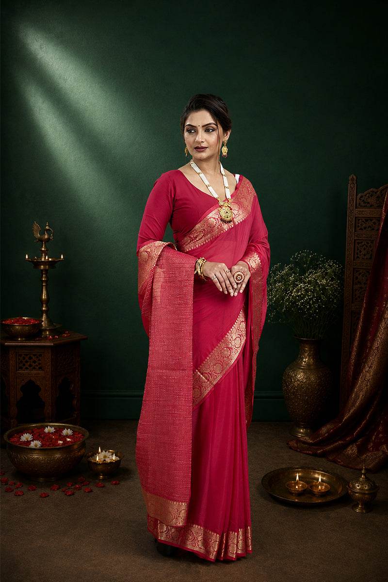 Red Woven Chinnon Silk Saree